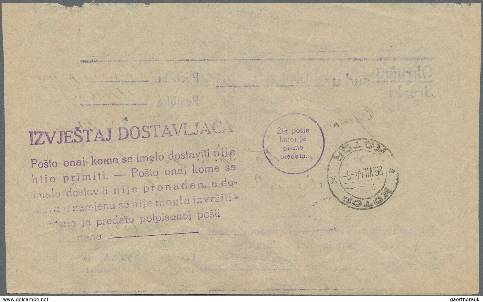 Dt. Besetzung II WK - Kotor: 1944 (26.7.), Rückschein, Am 26.8.44 Zurück Von Dubrovnic (Kroatien), A - Occupation 1938-45