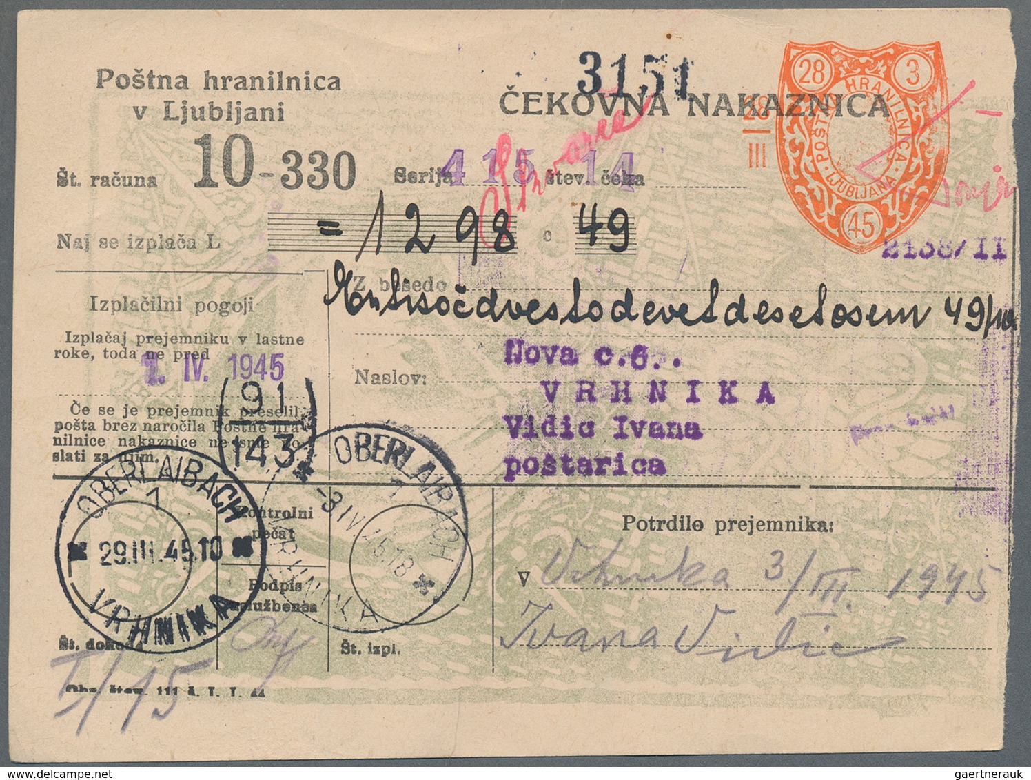 Dt. Besetzung II WK - Laibach: 1945, Postanweisung über 1298,49 L Von "POSTNA HRAILNICA, LJUBLJANA, - Occupation 1938-45