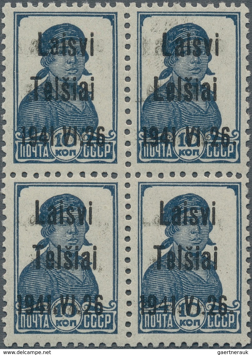 Dt. Besetzung II WK - Litauen - Telschen (Telsiai): 10 Kop. Blau Im 4er-Block, 1. Auflage, Bogenfeld - Bezetting 1938-45