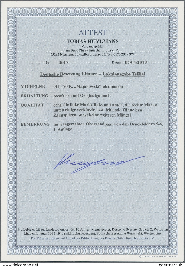 Dt. Besetzung II WK - Litauen - Telschen (Telsiai): 'Majakowski' 80 K. Ultramarin Im Oberrandpaar Mi - Ocupación 1938 – 45