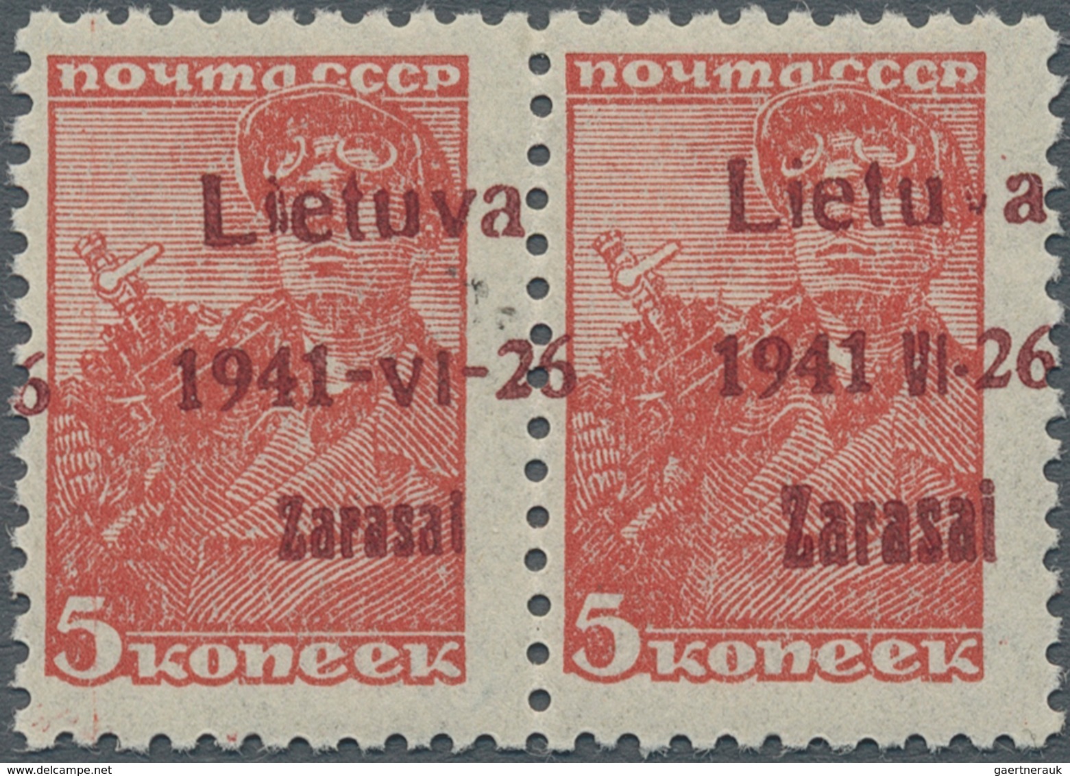 Dt. Besetzung II WK - Litauen - Zargrad (Zarasai): 5 K. Braunrot Im Waagerechten Paar Mit NORMALSTEH - Occupation 1938-45