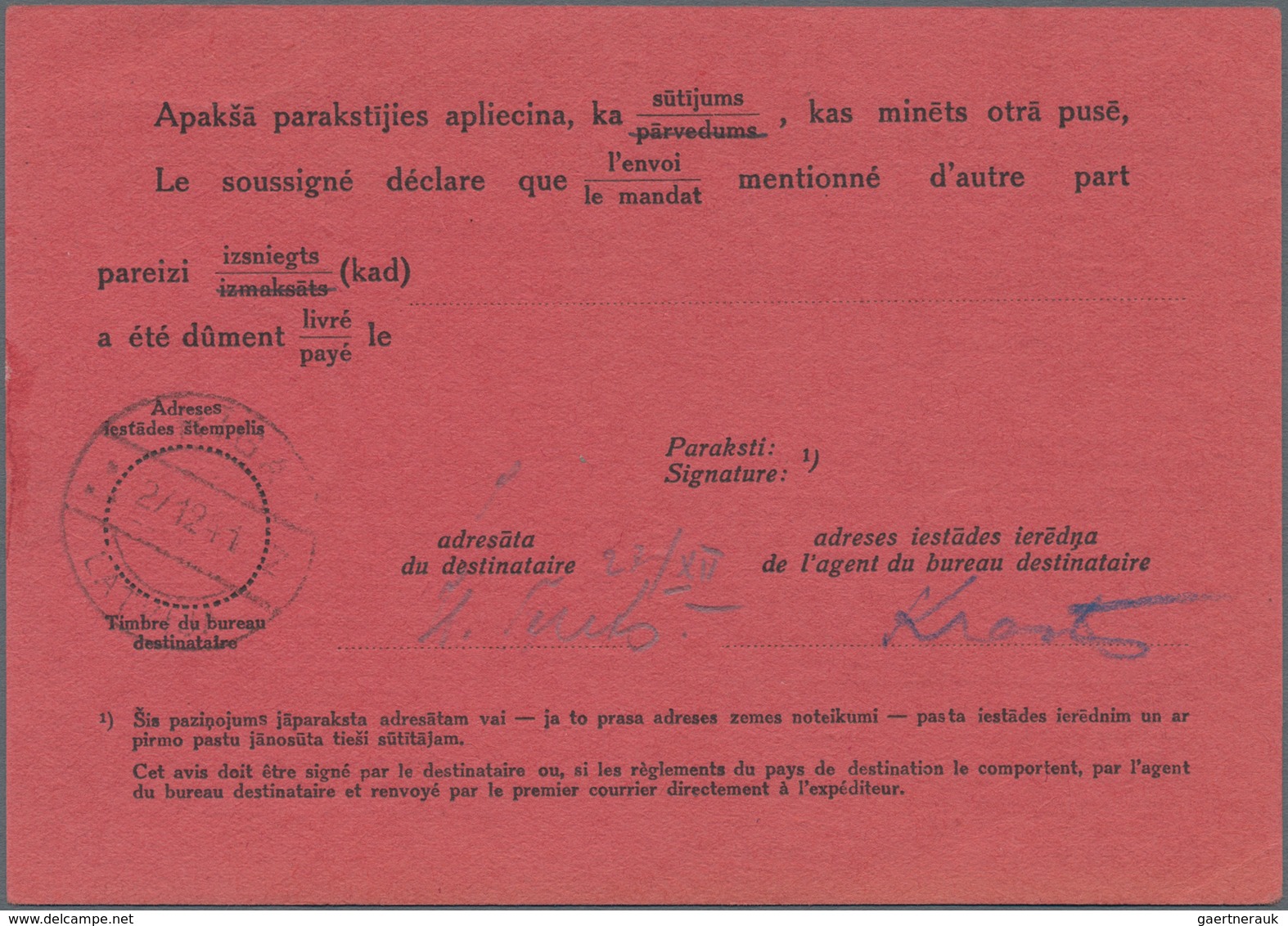 Dt. Besetzung II WK - Ostland: 1941, 30 Pf Grünoliv, Einzelfrankatur Als Rückscheingebühr Auf Rotem, - Occupation 1938-45