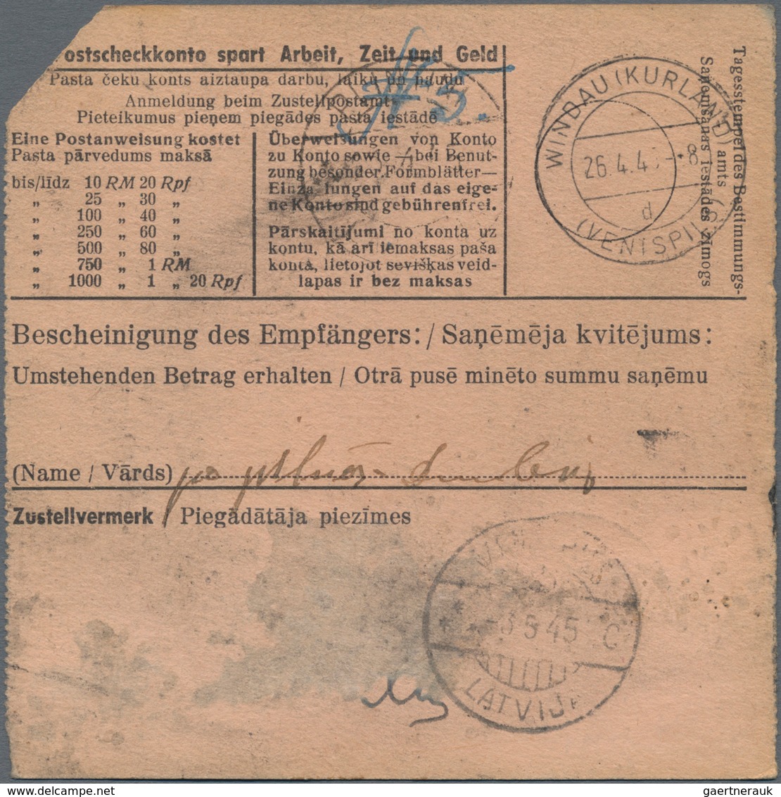 Dt. Besetzung II WK - Ostland: 1945, KURLAND: Postanweisung Mit EF 30 Pfg. Hitler Ab DONDANGEN (DUND - Occupation 1938-45