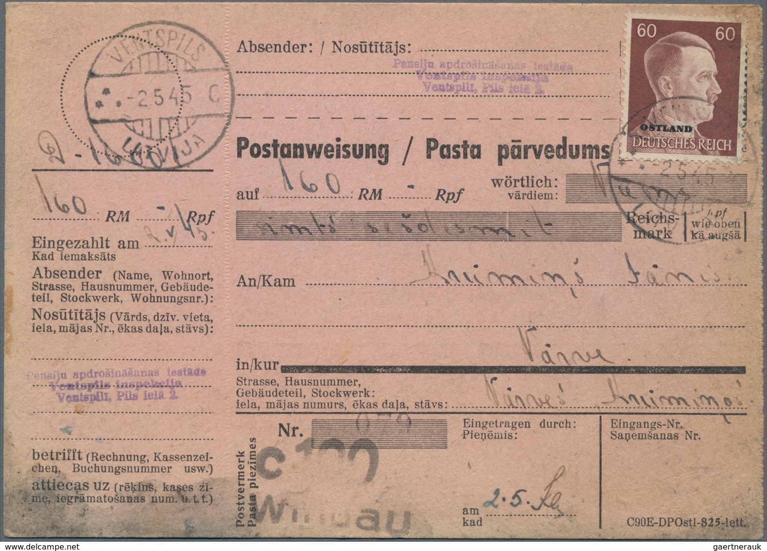 Dt. Besetzung II WK - Ostland: 1945, KURLAND: Komplette Postanweisung (Spuren) Mit 40 Pfg. EF Ab "VE - Besetzungen 1938-45