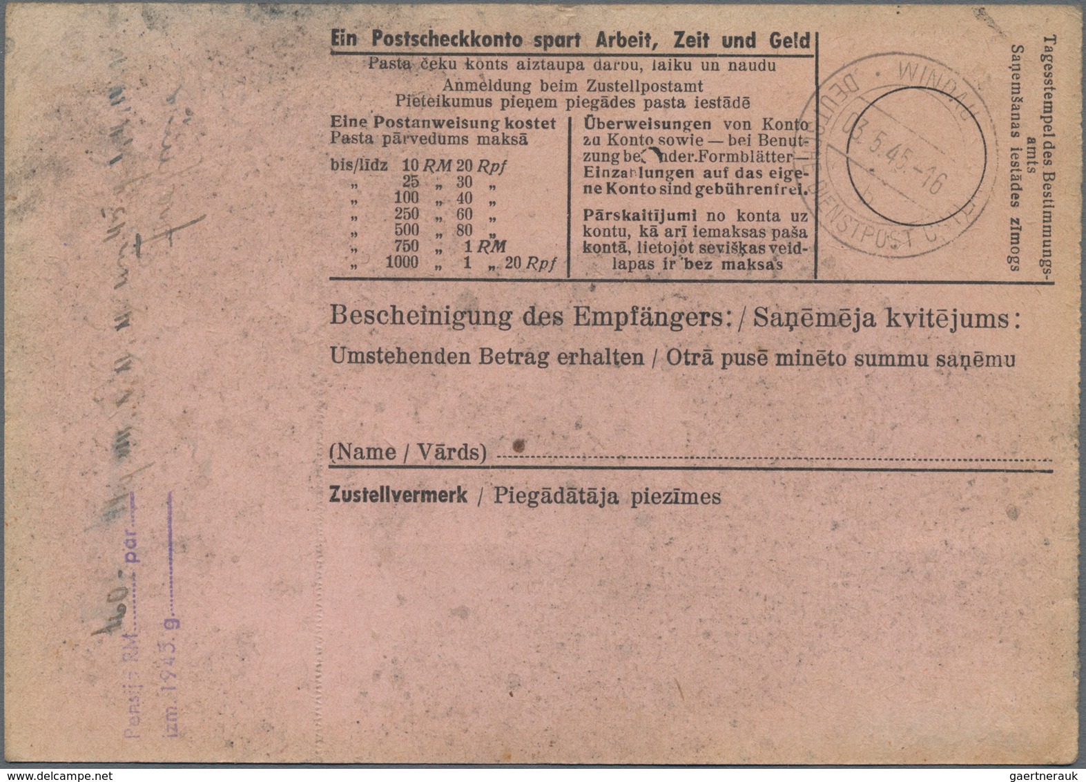 Dt. Besetzung II WK - Ostland: 1945, KURLAND: Komplette Postanweisung (Spuren) Mit 40 Pfg. EF Ab "VE - Occupation 1938-45