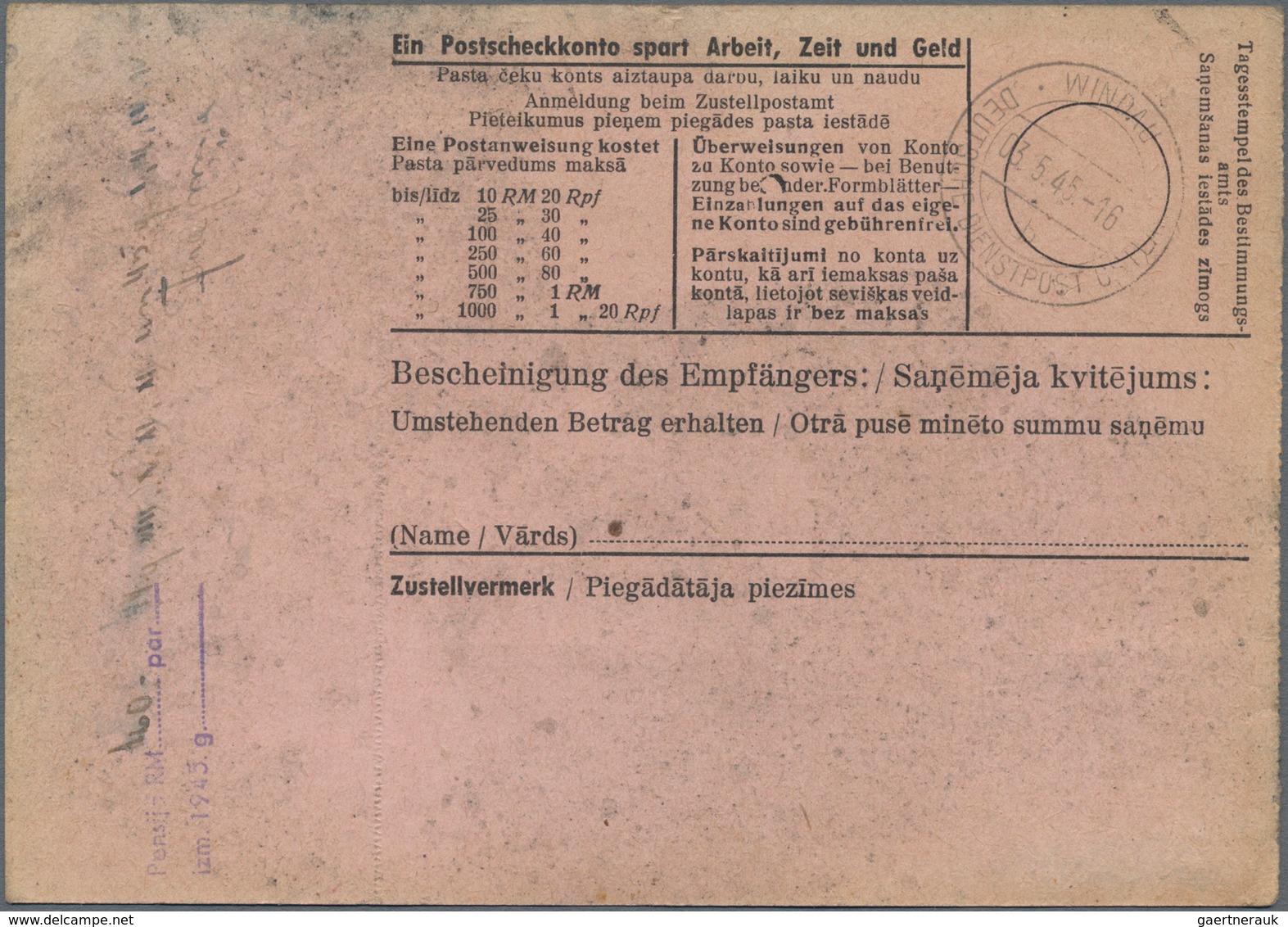 Dt. Besetzung II WK - Ostland: 1945, KURLAND: Komplette Postanweisung (Spuren) Mit 40 Pfg. EF Ab "VE - Besetzungen 1938-45
