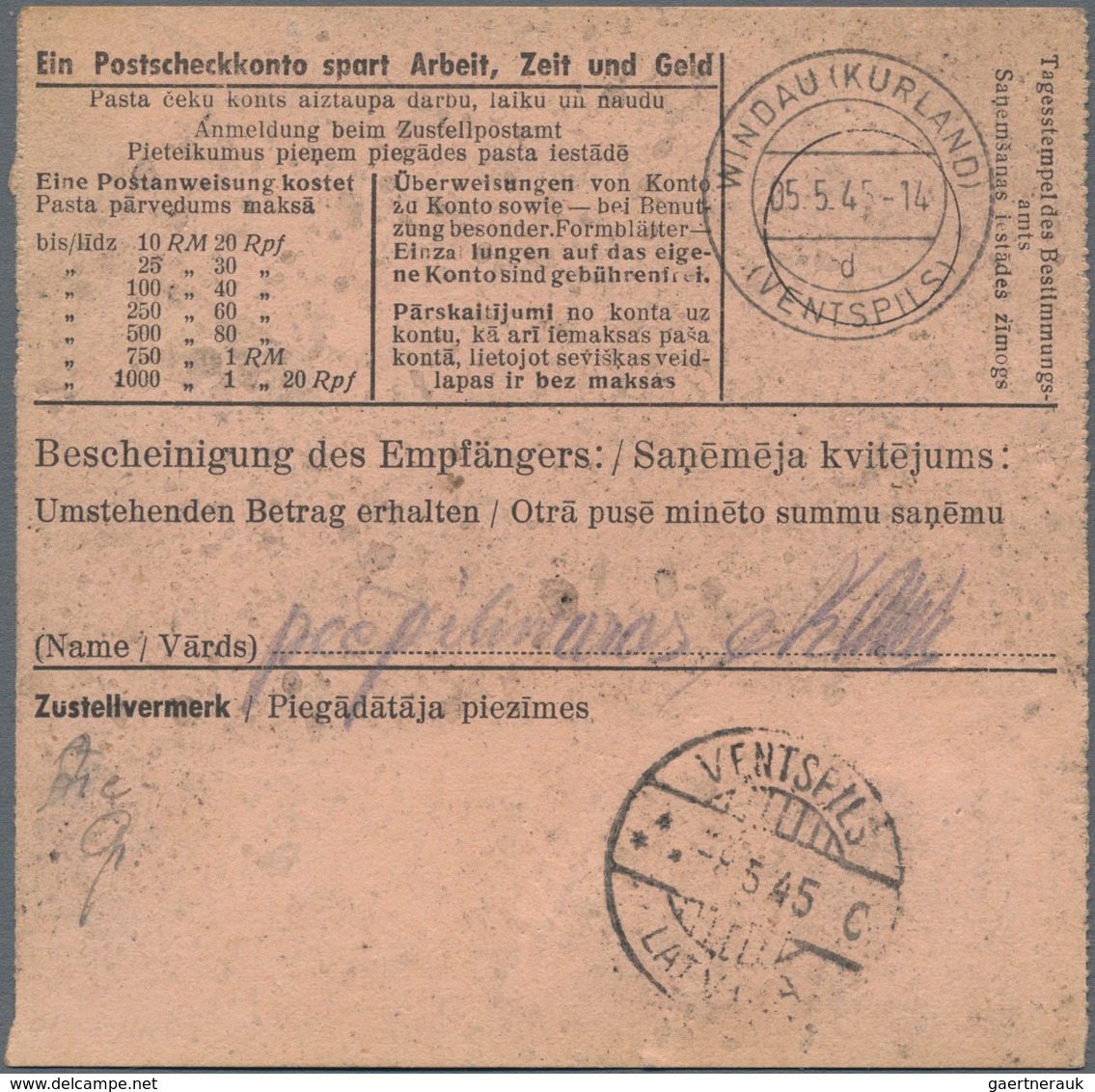 Dt. Besetzung II WK - Ostland: 1945, KURLAND: Postanweisung Mit Einzelfrankatur 40 Pfg. Hitler Mit A - Bezetting 1938-45