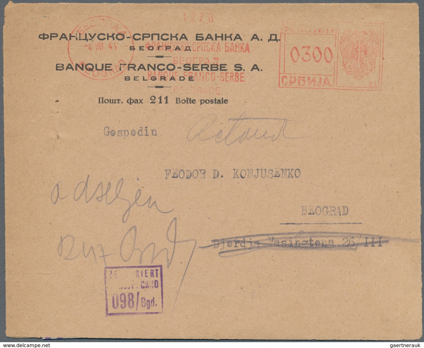 Dt. Besetzung II WK - Serbien: 1944. Umschlag (mit Inhalt) Der "BANQUE FRANCO-SERBE S.A." In Belgrad - Besetzungen 1938-45