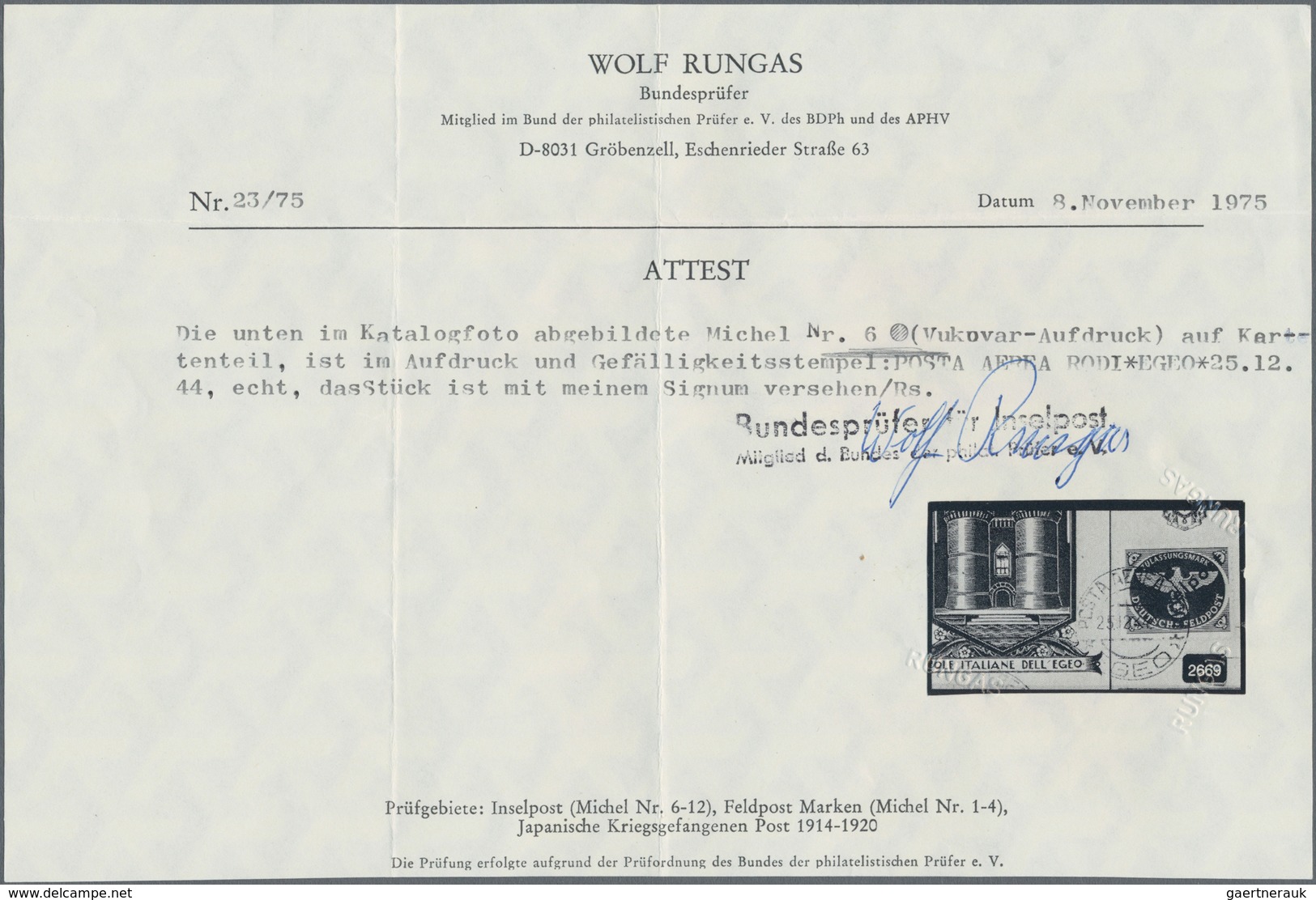 Feldpostmarken: 1944, Inselpost-Zulassungsmarke, Durchstochen Mit Schwarzem, Diagonalem "Vukovar-Auf - Sonstige & Ohne Zuordnung