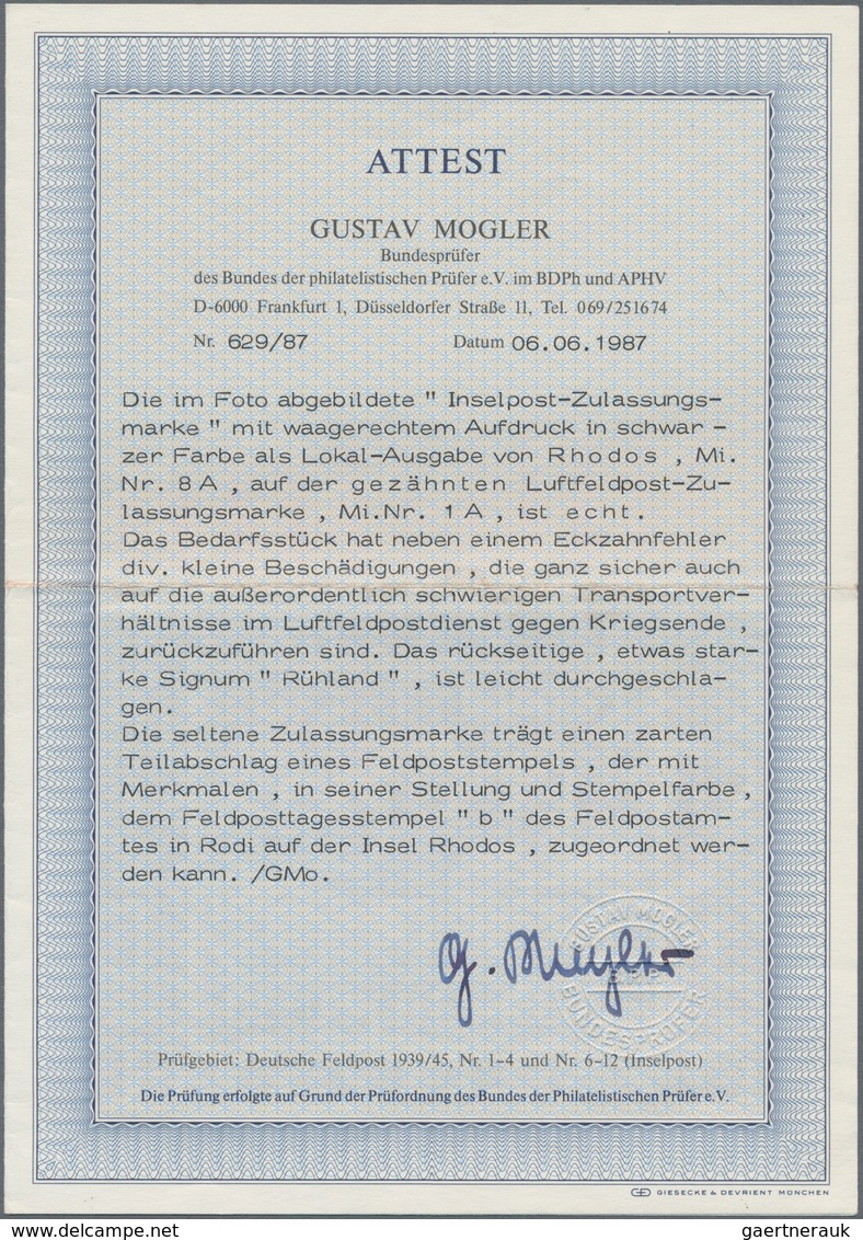 Feldpostmarken: 1944, Insel Rhodos, INSELPOST-Zulassungsmarke Mit Lokalaufdruck Rhodos Auf Gezähnter - Other & Unclassified