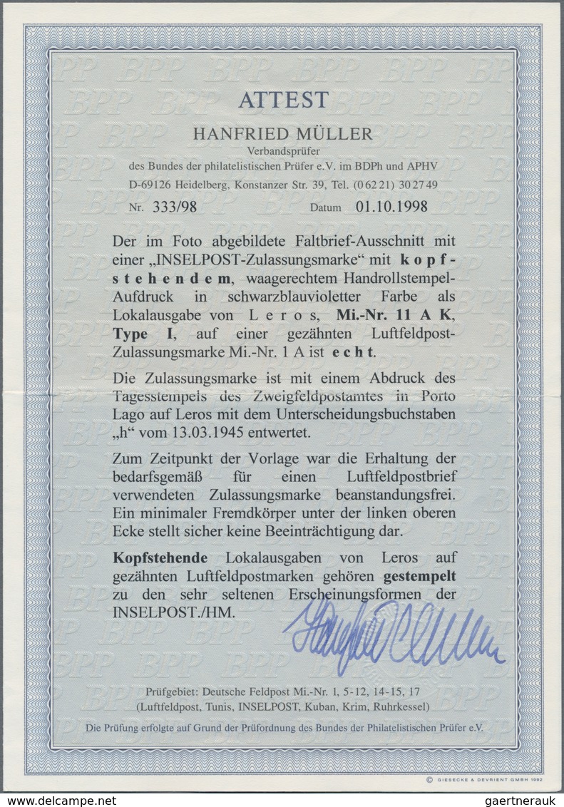 Feldpostmarken: 1944, Insel Leros: Inselpost-Zulassungsmarke, Gezähnt, Mit KOPFSTEHENDEM, Nach Recht - Sonstige & Ohne Zuordnung