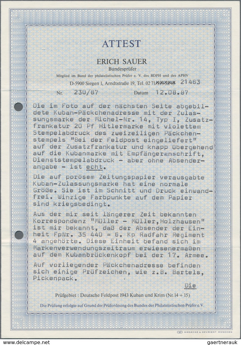 Feldpostmarken: 1943, Kuban, Brückenkopf, Päckchen-Zulassungsmarke "1 Päckchen Front - Heimat" In Ty - Other & Unclassified