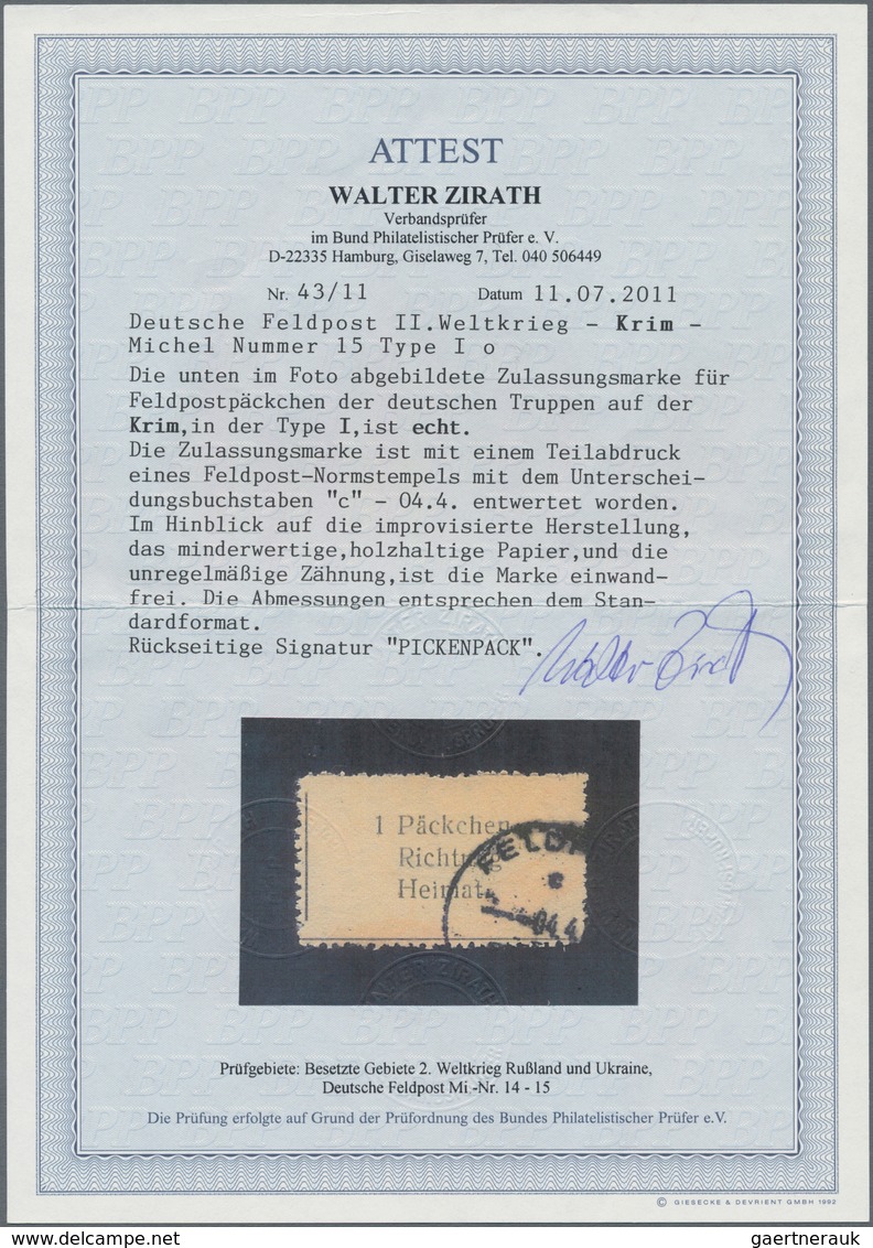 Feldpostmarken: 1943, Krim-Zulassungsmarke In Type I Mit Teilabschlag Eines Feldpost-Normstempels Mi - Andere & Zonder Classificatie