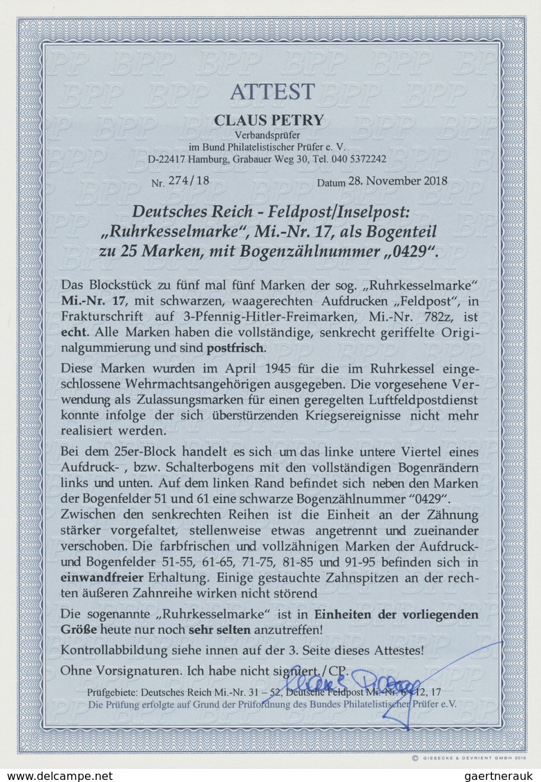 Feldpostmarken: 1945, 3 Pf Hitler Mit Aufdruck "Feldpost" Sogenanntes "RUHRKESSEL-Provisorium" Im 25 - Sonstige & Ohne Zuordnung