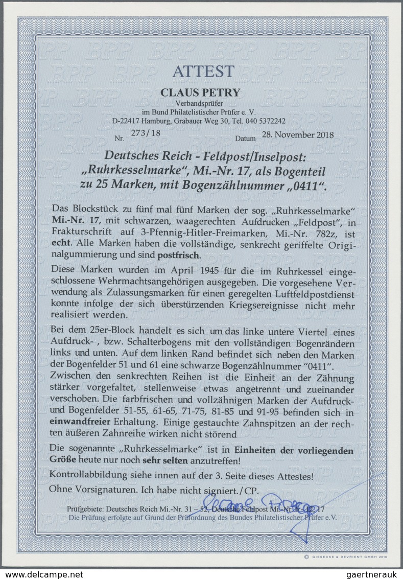 Feldpostmarken: 1945, 3 Pf Hitler Mit Aufdruck "Feldpost" Sogenanntes "RUHRKESSEL-Provisorium" Im 25 - Sonstige & Ohne Zuordnung