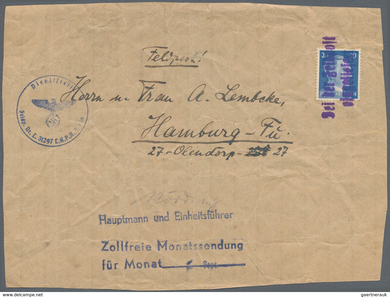 Feldpost 2. Weltkrieg: 1942/44 (ca.) Vier Paketadressen Mit Je Hitler 20 Pf. Und Unterschiedlichen S - Other & Unclassified