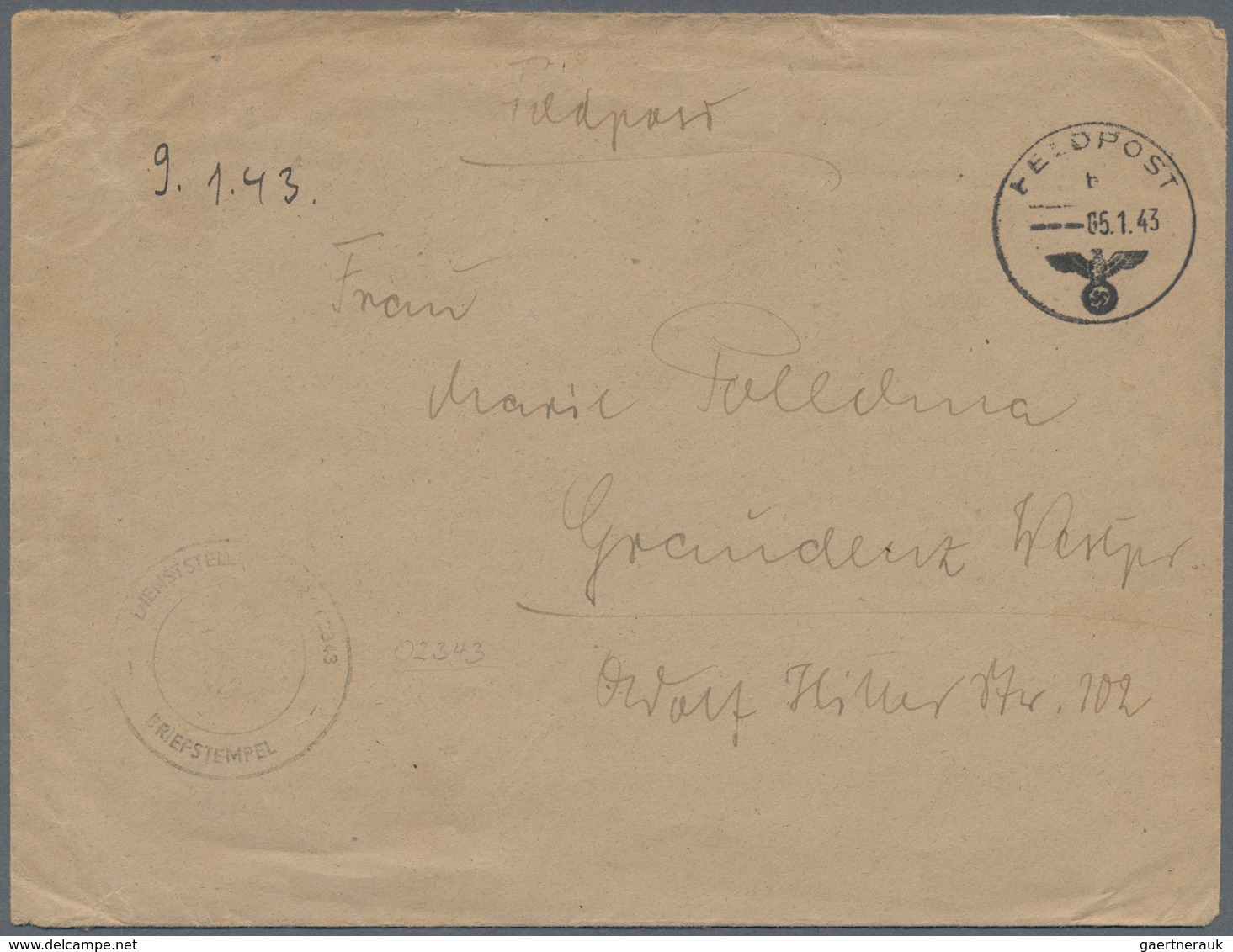 Feldpost 2. Weltkrieg: 1943. Polish Volunteer. Cover With Dienstsiegel Of FPN02343, Grenadier Regime - Other & Unclassified