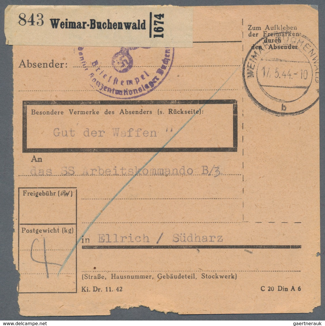 Feldpost 2. Weltkrieg: 1944. Feldpost Packet Card "Gut Der Waffen SS" (Goods Of The Waffen SS) At Ko - Sonstige & Ohne Zuordnung