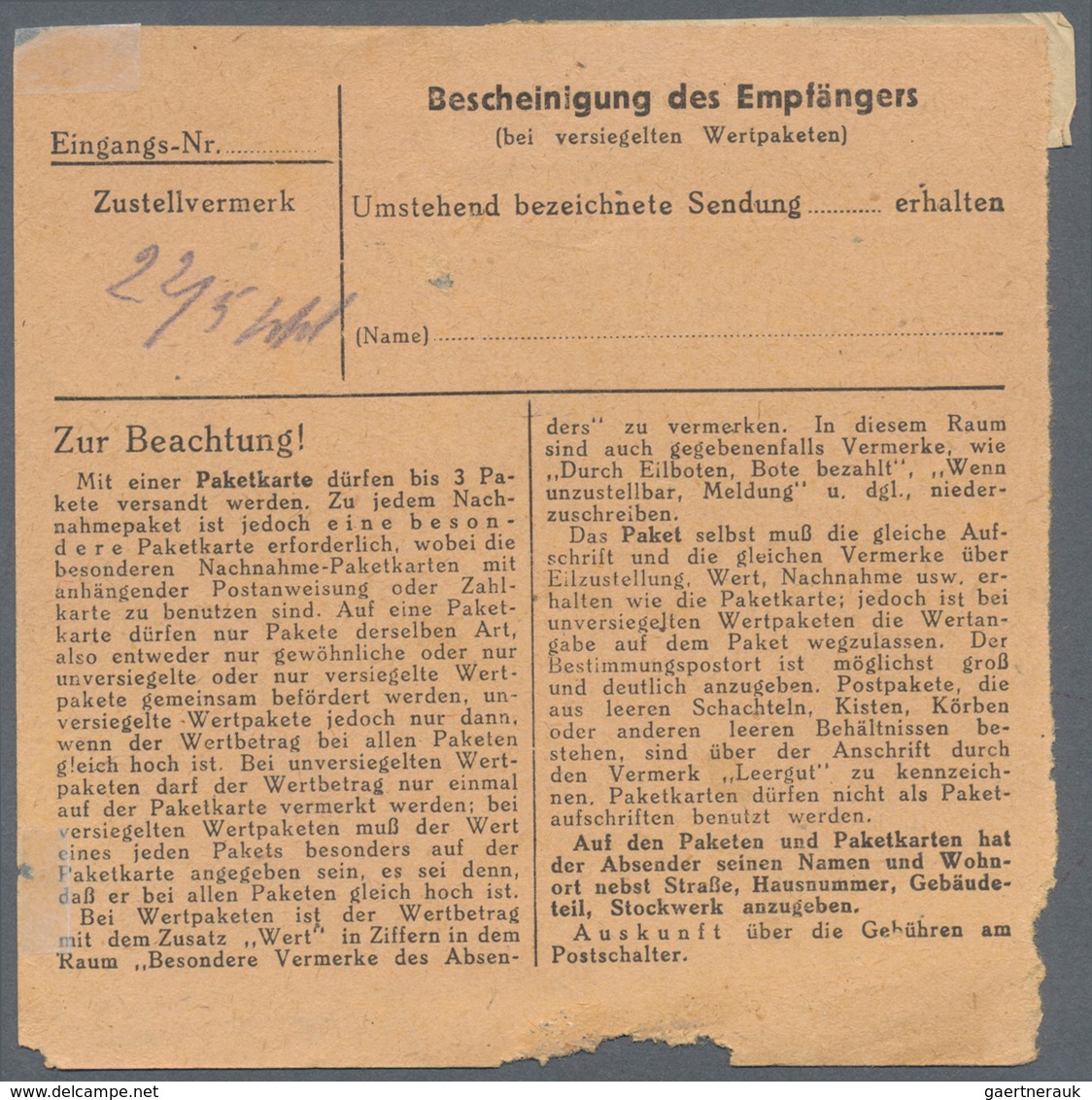 Feldpost 2. Weltkrieg: 1944. Feldpost Packet Card "Gut Der Waffen SS" (Goods Of The Waffen SS) At Ko - Autres & Non Classés