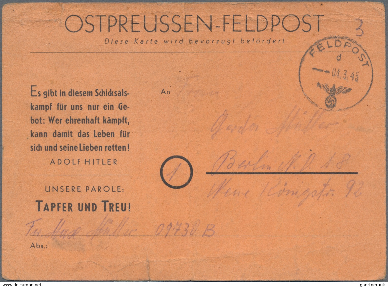 Feldpost 2. Weltkrieg: 1945 (04.3.), OSTPREUSSEN-FELDPOST: Vordruckkarte, Magere Schrift, Mit Eindru - Other & Unclassified