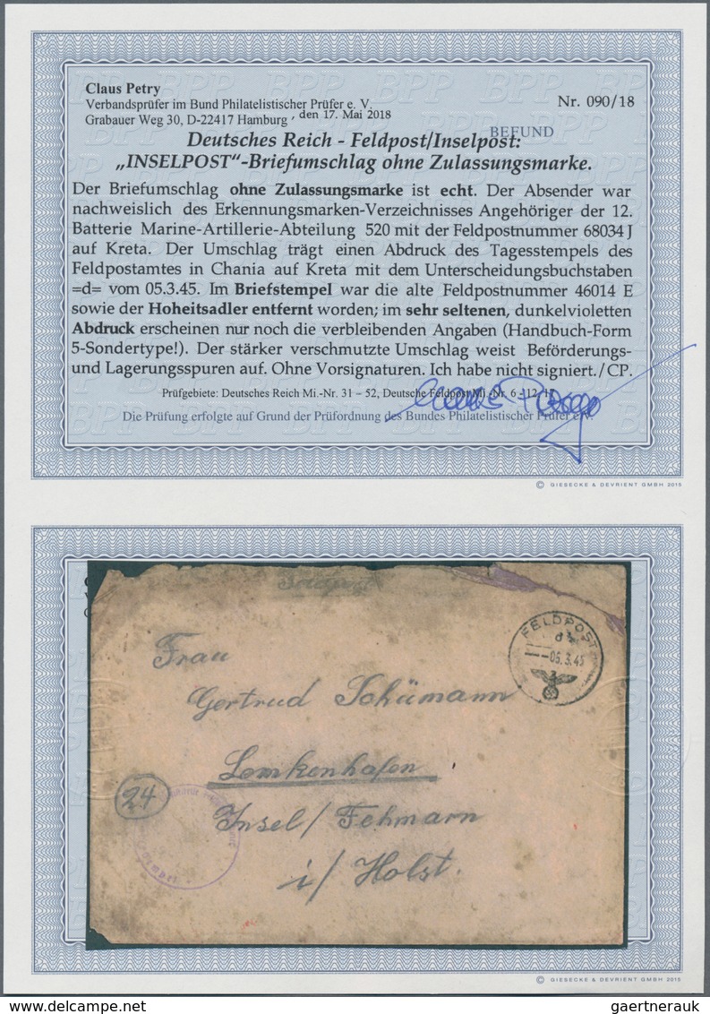 Feldpost 2. Weltkrieg: 1945, Inselpostumschlag ohne Zulassungsmarke vom 5.3.45 nach Lemkenhafen/ Ins