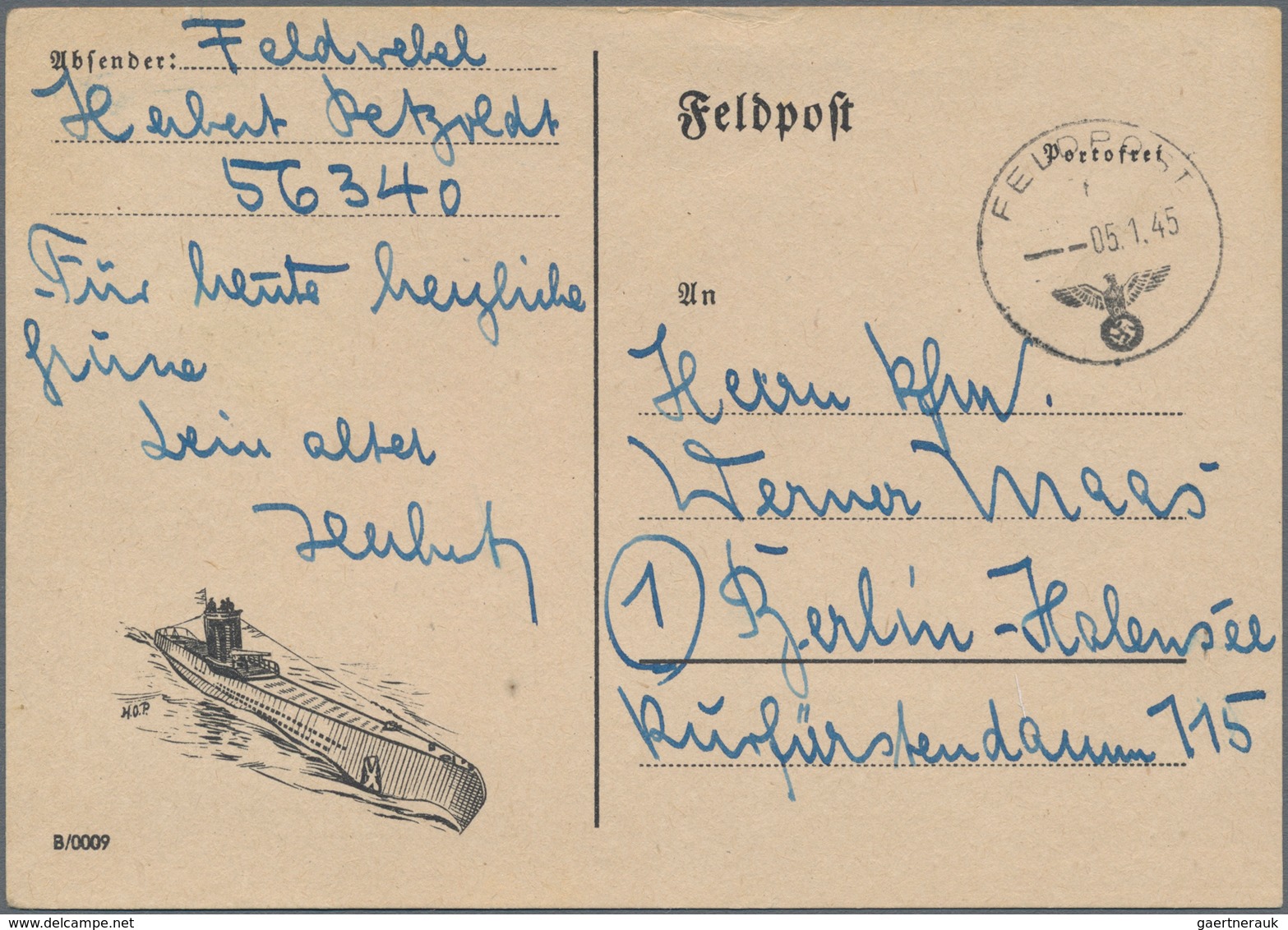 Feldpost 2. Weltkrieg: 1945, Feldpostkarte Mit Abbildung Eine U-Bootes Von FP-Nummer 56340 Rgts. Sta - Andere & Zonder Classificatie
