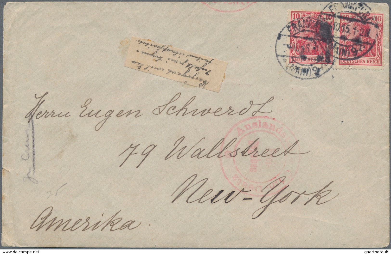 Zensurpost: 1915, Dt.Reich, 2 X 10 Pf Germania Auf Brief Von Frankfurt(Main), 4.10.15, Adressiert Na - Autres & Non Classés