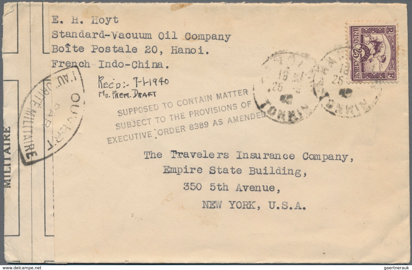 Zensurpost: 1940, French Indochina, 25 C Violet, Single Franking On Cover From HANOI, 25.5.40, Along - Other & Unclassified