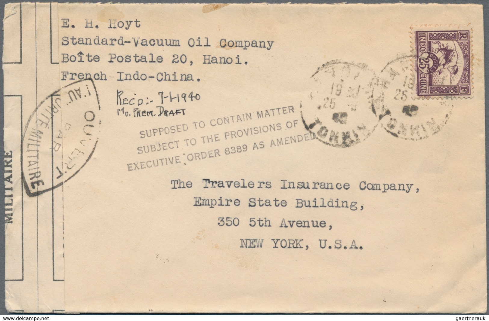 Zensurpost: 1940, French Indochina, 25 C Violet, Single Franking On Cover From HANOI, 25.5.40, Along - Andere & Zonder Classificatie