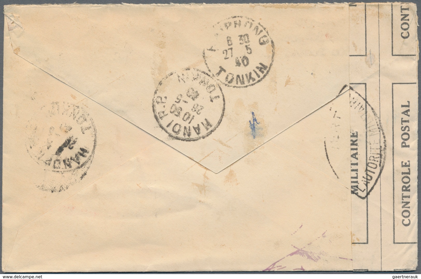 Zensurpost: 1940, French Indochina, 25 C Violet, Single Franking On Cover From HANOI, 25.5.40, Along - Autres & Non Classés
