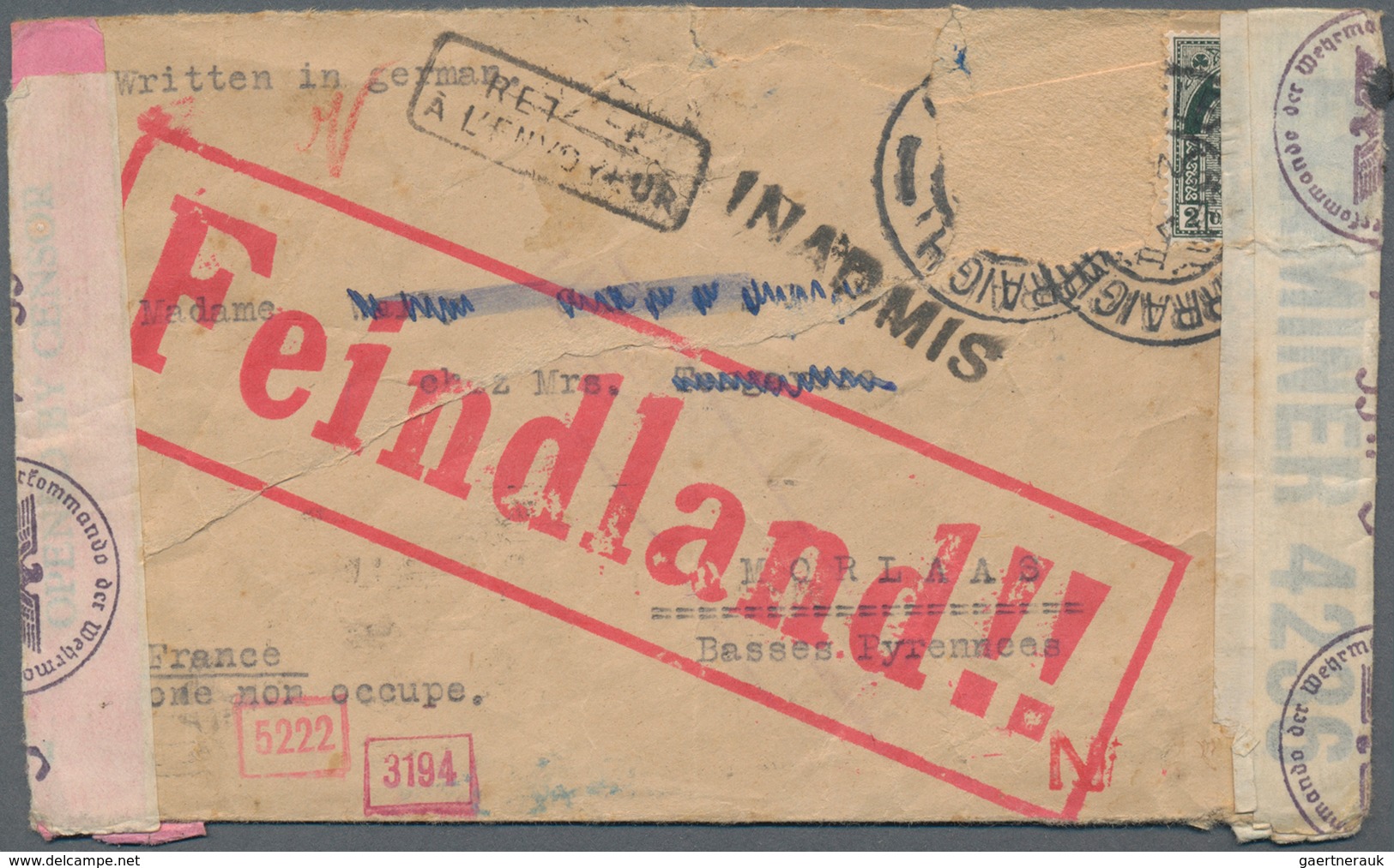 Zensurpost: 1941, "Feindland!!" Sehr Seltener Großer Roter Zensur-Kastenstempel Auf Brief Aus Irland - Autres & Non Classés
