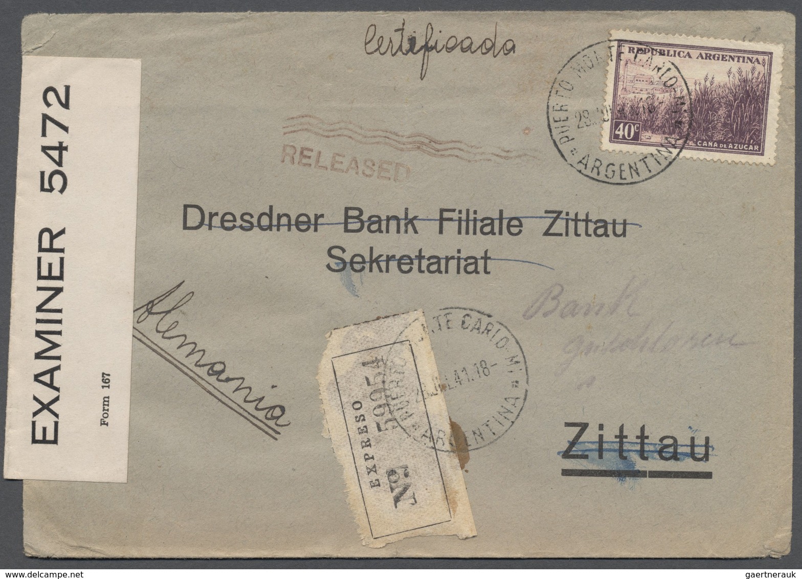 Zensurpost: 1941, Überroller, Auslands-Brief Per Eilboten Von Argentinien, Mit EF 40 C., Aufgegeben - Other & Unclassified