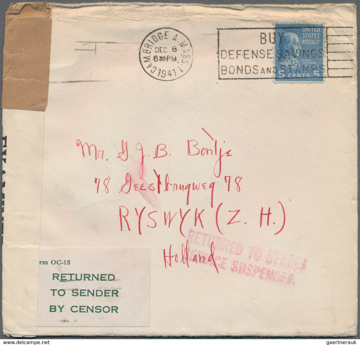 Zensurpost: 1941 Two Censored Covers Both Sent From Cambridge/Massachussets (same Correspondence) On - Autres & Non Classés