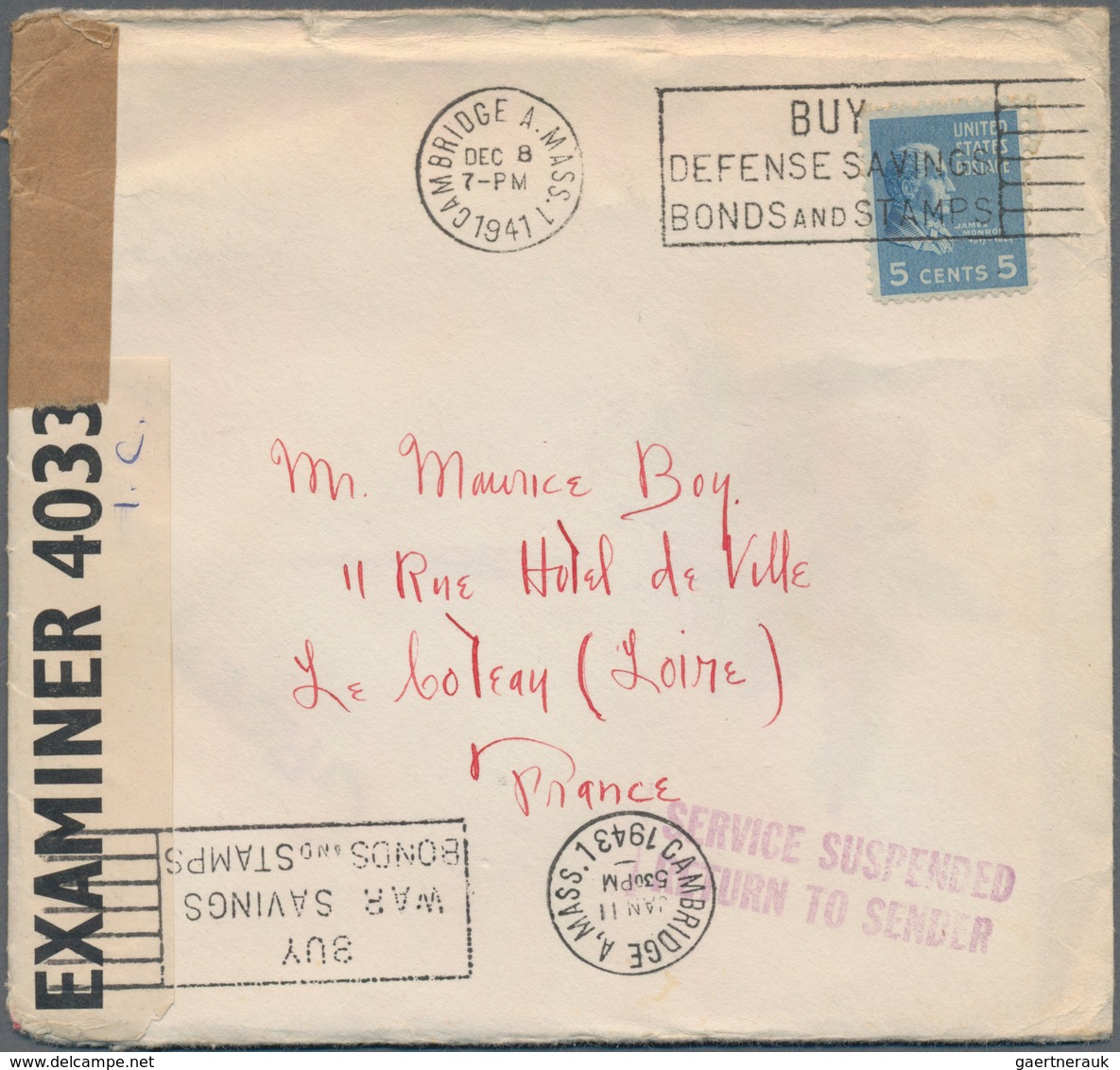 Zensurpost: 1941 Two Censored Covers Both Sent From Cambridge/Massachussets (same Correspondence) On - Other & Unclassified