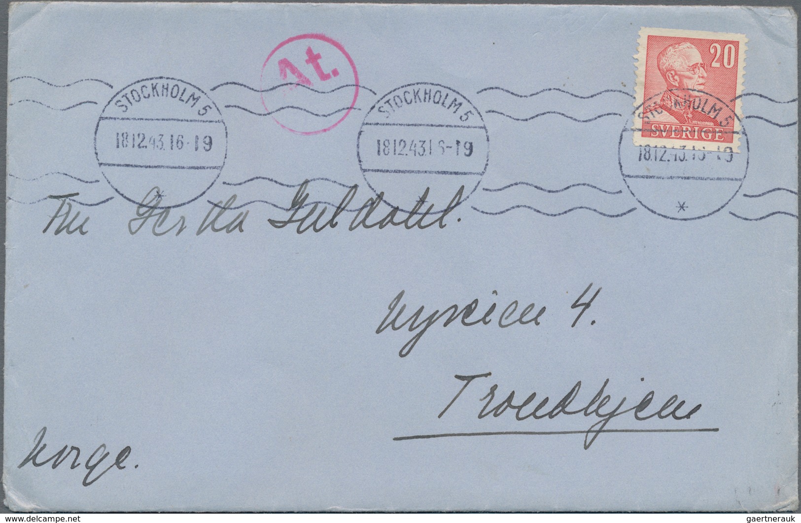 Zensurpost: 1943, Brief Aus Stockholm Nach Trondheim, Norwegen Mit Seltenem Durchlaufstempel "A.t:" - Autres & Non Classés