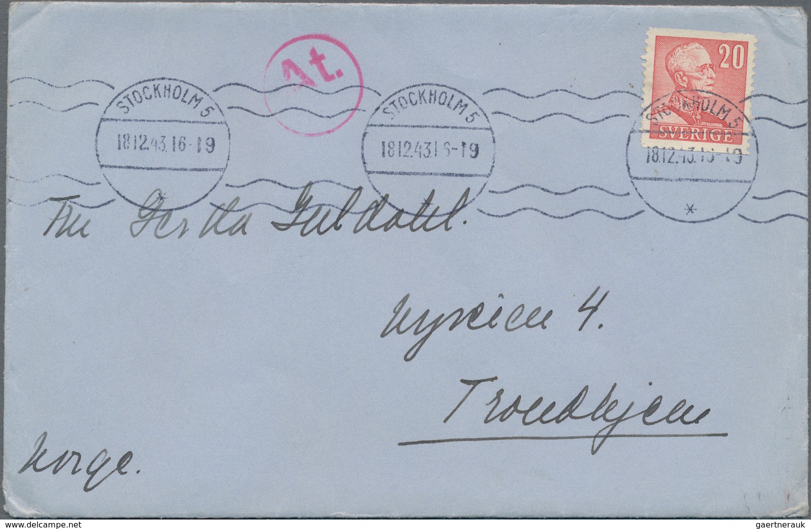 Zensurpost: 1943, Brief Aus Stockholm Nach Trondheim, Norwegen Mit Seltenem Durchlaufstempel "A.t:" - Andere & Zonder Classificatie