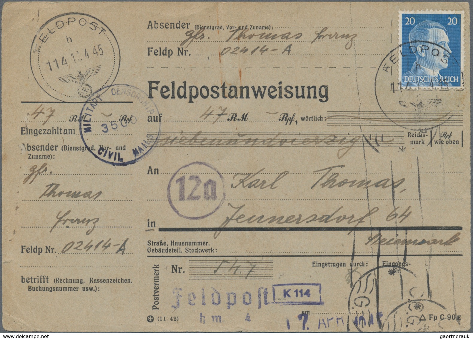 Zensurpost: 1945 (17.4.), Schwarzer Maschinenprüfstempel "C.C.G./G." Der Brit. Zensurstelle In Graz/ - Other & Unclassified