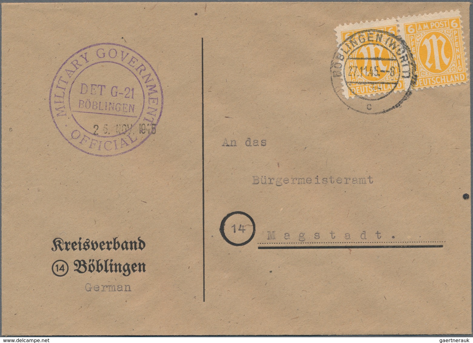 Zensurpost: 1945, LOKALZENSUR BÖBLINGEN, Waager. Paar 6 Pf AM-Post, Mehrfachfrankatur Auf Vordruck-B - Other & Unclassified