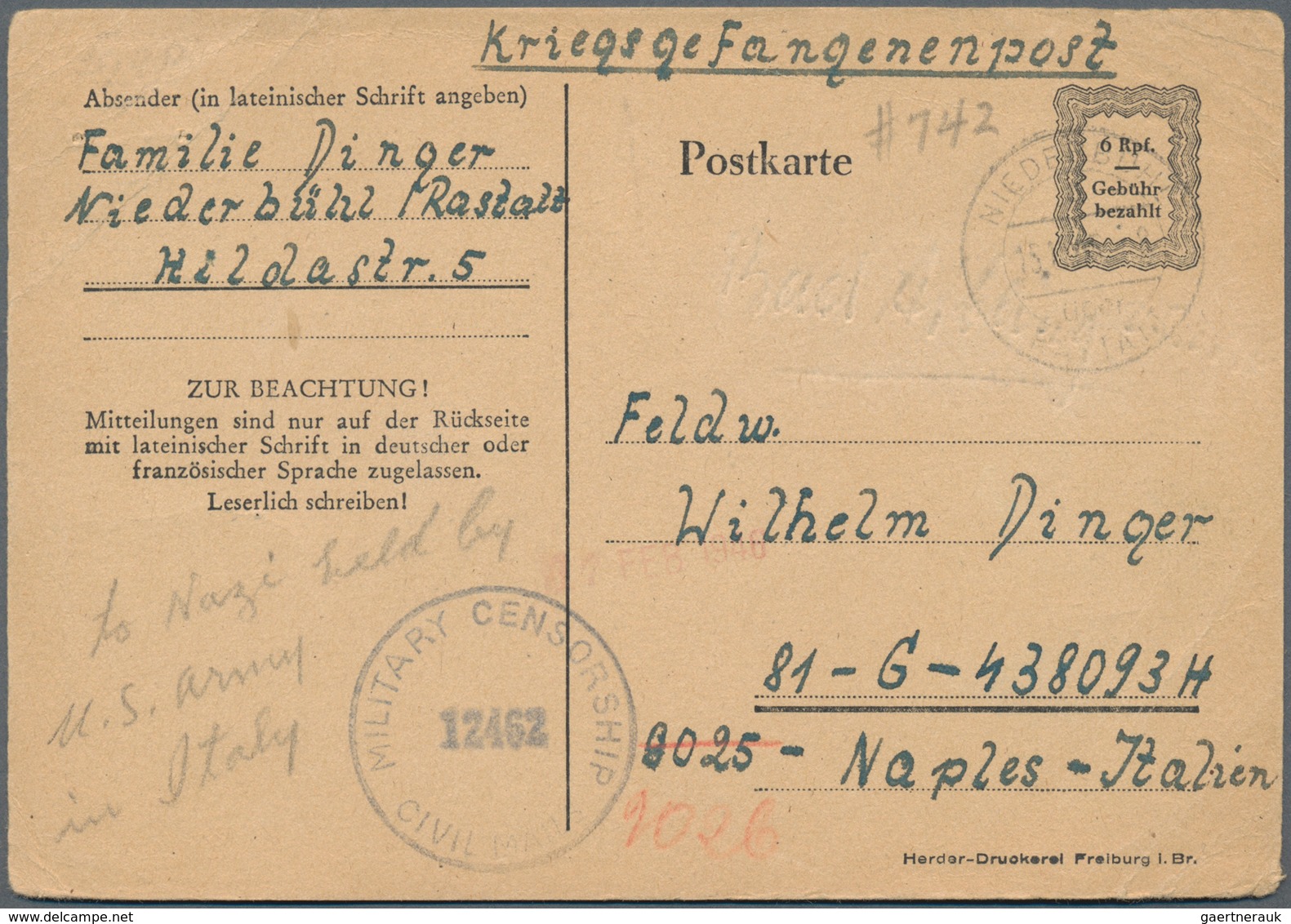 Kriegsgefangenen-Lagerpost: 1945, 6 Pfg. Behelfsganzsache Der Französischen Zone Aus Niederbühl/Rast - Autres & Non Classés