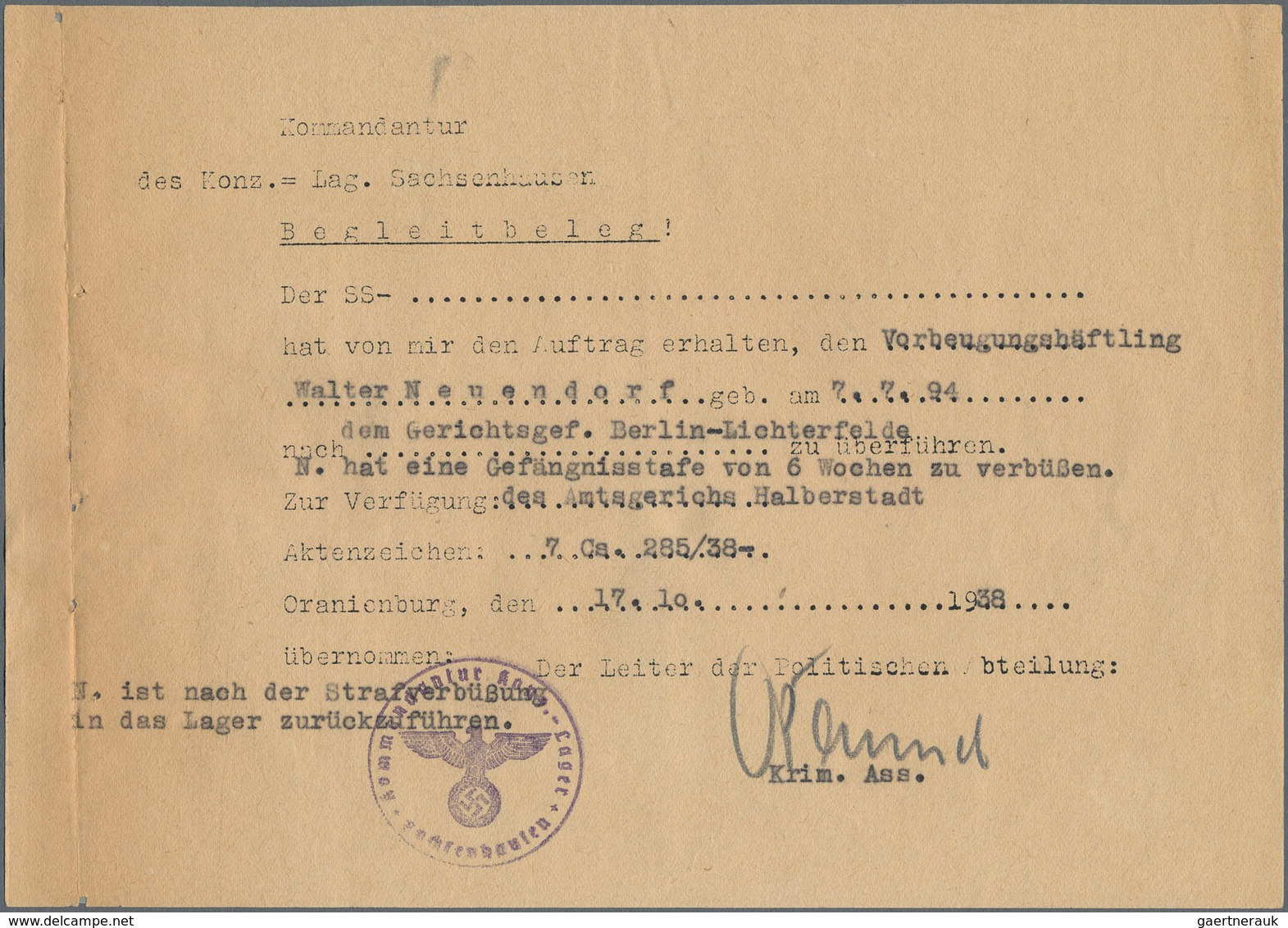 Kriegsgefangenen-Lagerpost: 1938, KZ Sachsenhausen, Begleitbeleg Für Einen Vorbeugungshäftling Zur Ü - Other & Unclassified