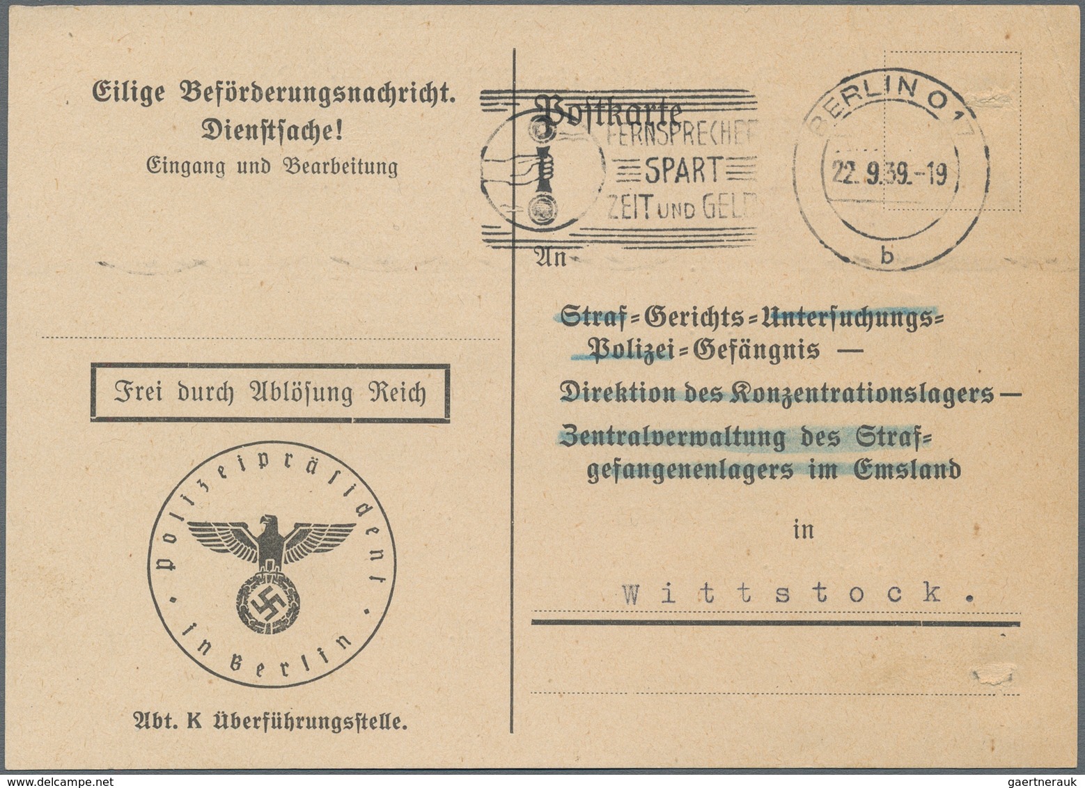 Kriegsgefangenen-Lagerpost: 1939 - 1941, KZ-Gefängnispost: 2 Transportkarten-Vordrucke "Frei Durch A - Andere & Zonder Classificatie