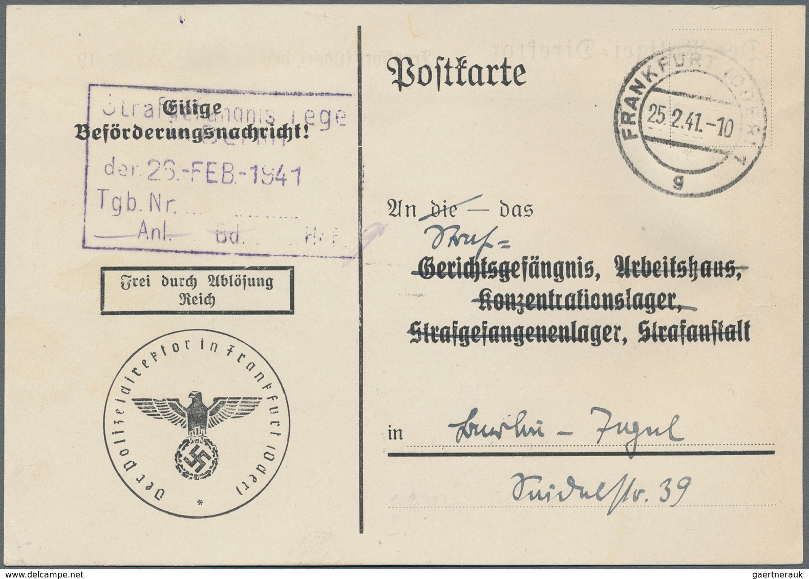 Kriegsgefangenen-Lagerpost: 1939 - 1941, KZ-Gefängnispost: 2 Transportkarten-Vordrucke "Frei Durch A - Sonstige & Ohne Zuordnung