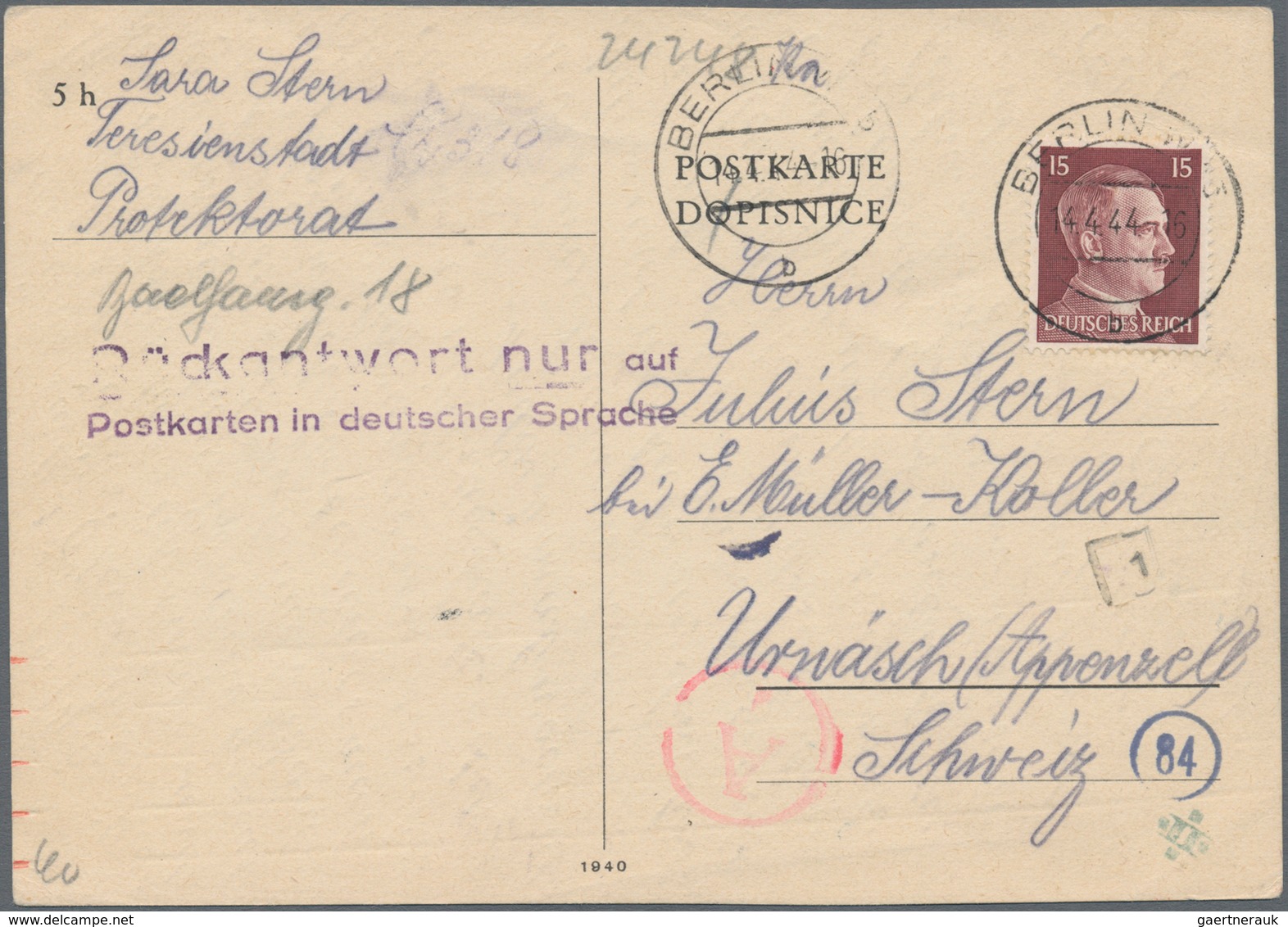 Ghetto-Post: 1944 (14.4.), 15 Pfg. Hitler Mit Stempel BERLIN W 15 Auf Auslands-Postkarte Der Jüdin S - Sonstige & Ohne Zuordnung