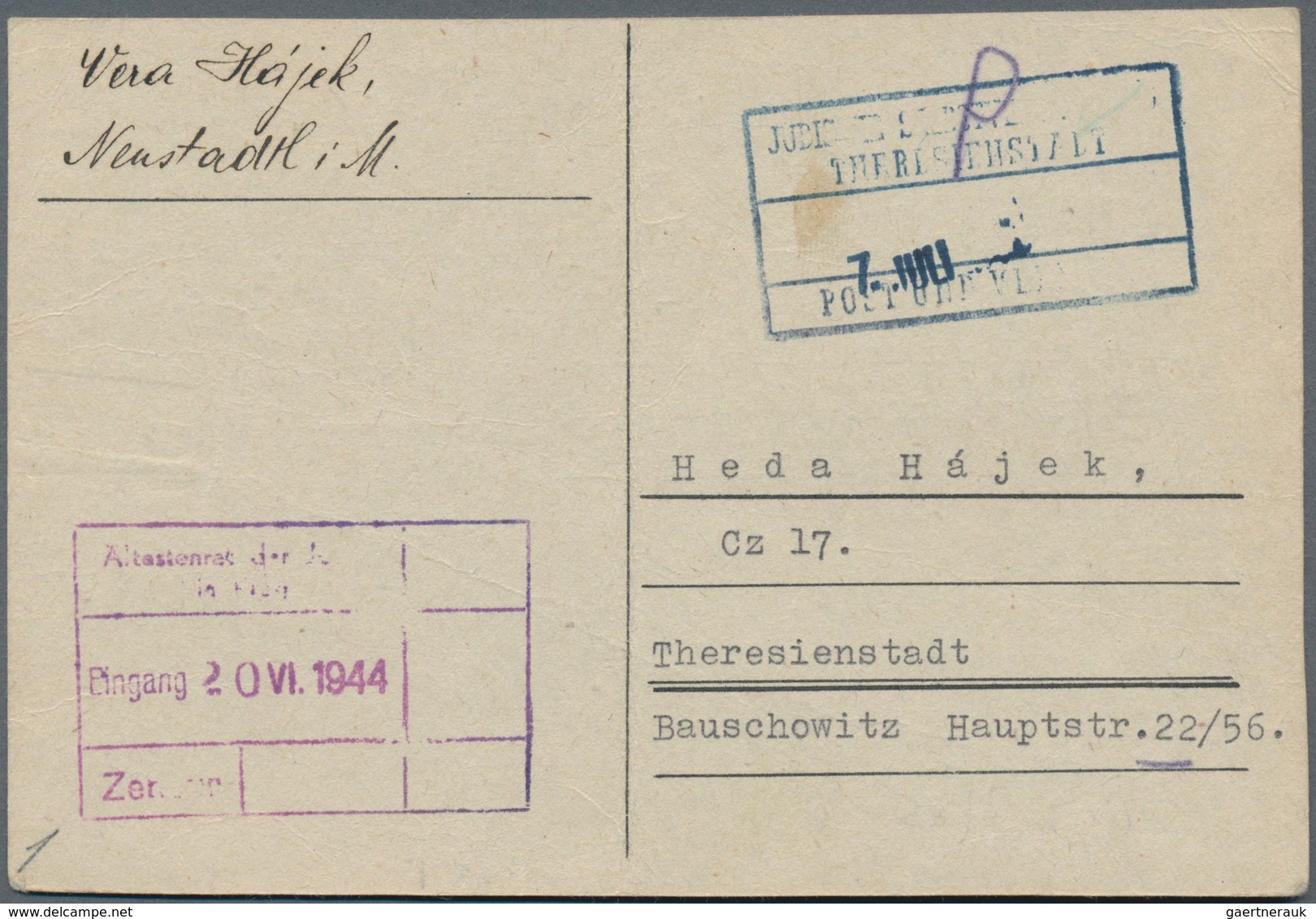 Ghetto-Post: 1944 (17.6.), Unfrankierte Karte (Mittelbug + Leicht Knittrig) Aus Neustadtl I. M. An E - Autres & Non Classés