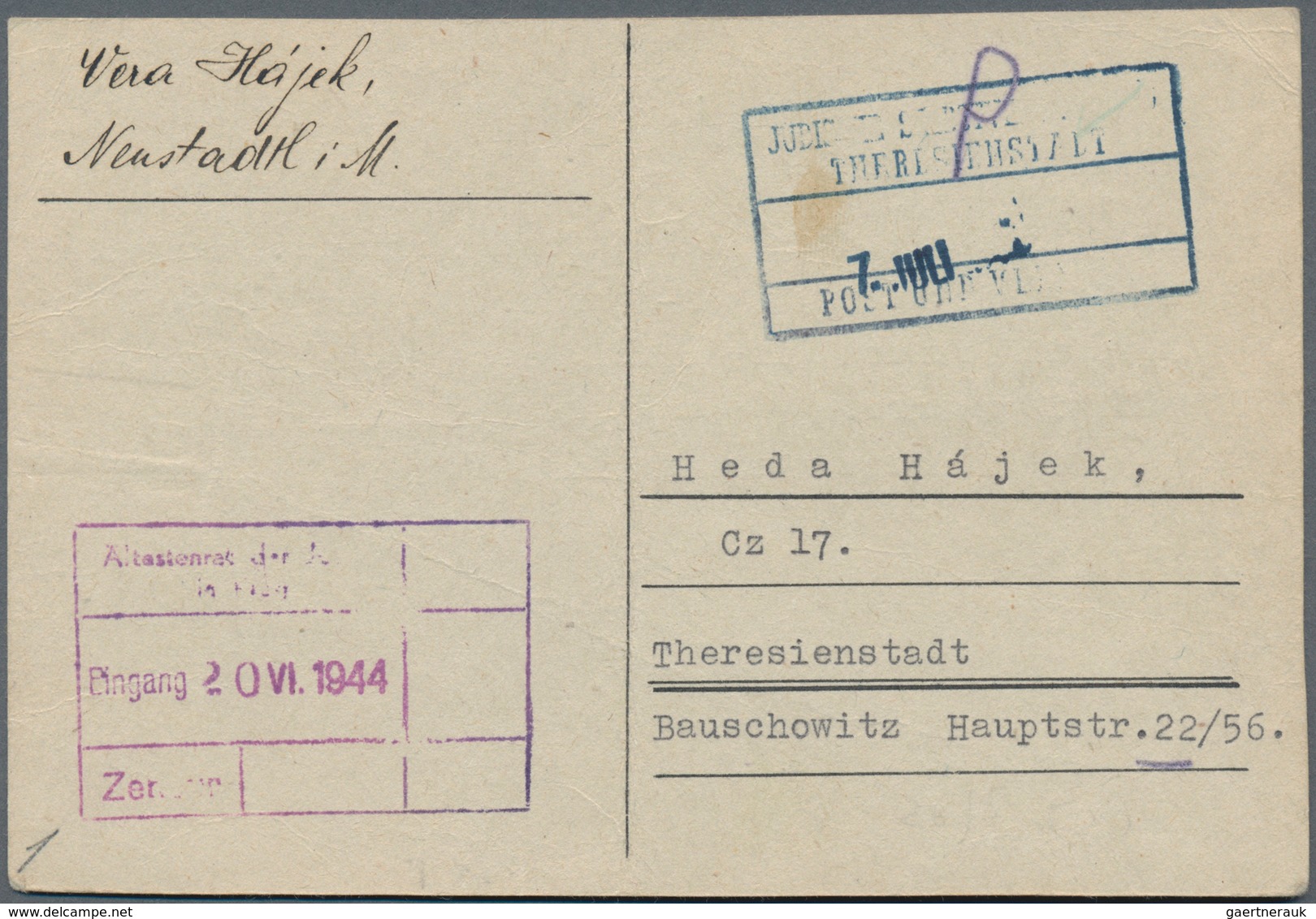 Ghetto-Post: 1944 (17.6.), Unfrankierte Karte (Mittelbug + Leicht Knittrig) Aus Neustadtl I. M. An E - Andere & Zonder Classificatie