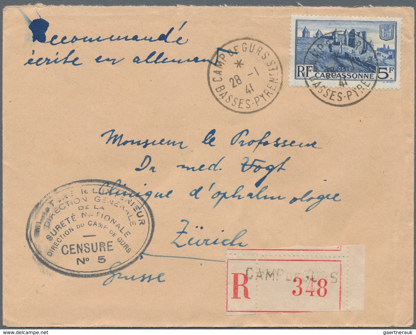 KZ-Post: 1941 (28.1.), R-Brief Eines Deutschen Juden Aus Dem Franz. Internierungslager CAMP DE GURS - Lettres & Documents