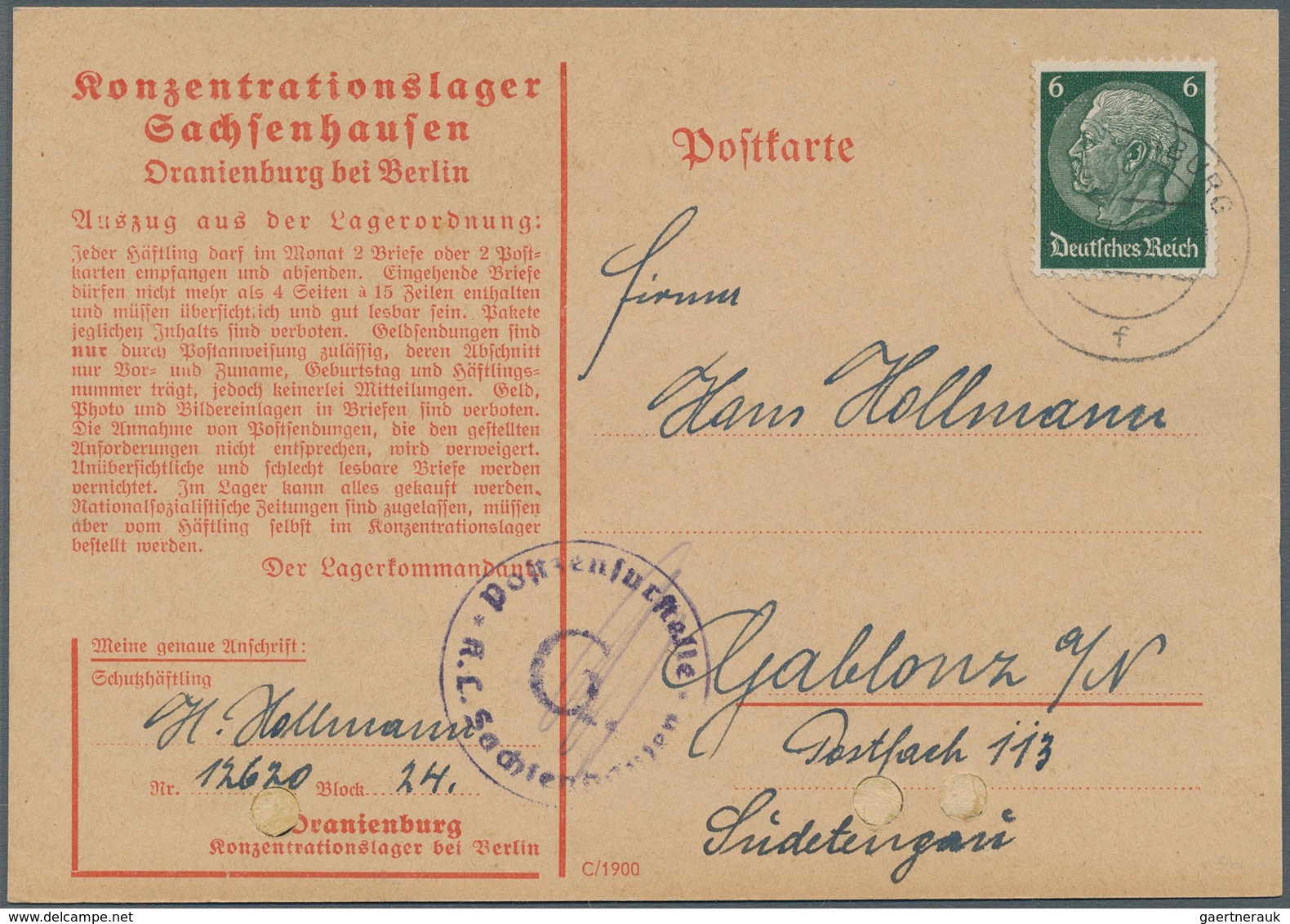 KZ-Post: 1941/42 Karte Des Lagers Sachsenhausen Mit Stempel Oranienburg Und Kartenbrief Ab Berlin, B - Lettres & Documents