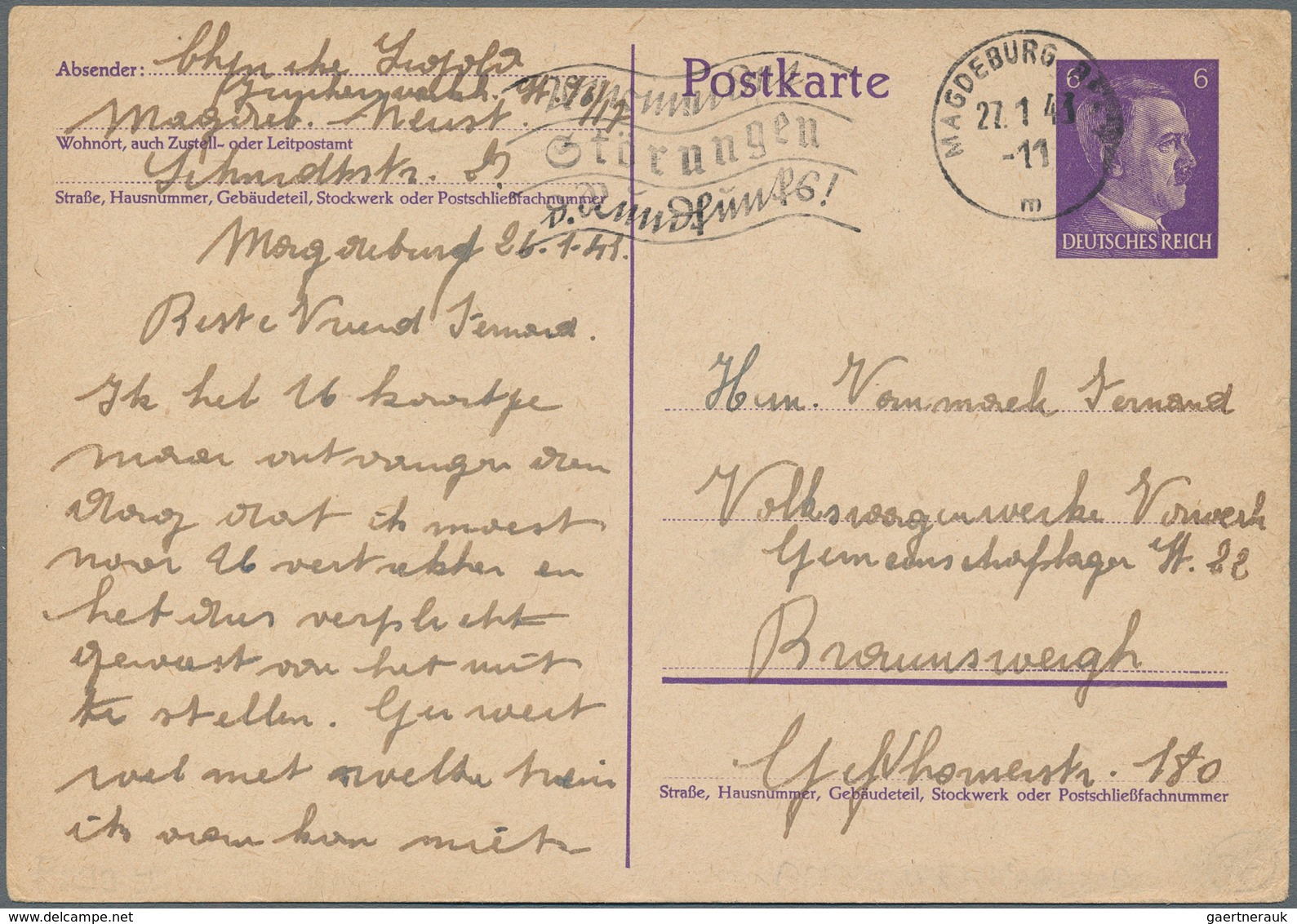 KZ-Post: 1941, Inlandskarte Aus Magdeburg An Einen Holländischen Zwangsarbeiter Im "Volkswagenwek Vo - Lettres & Documents