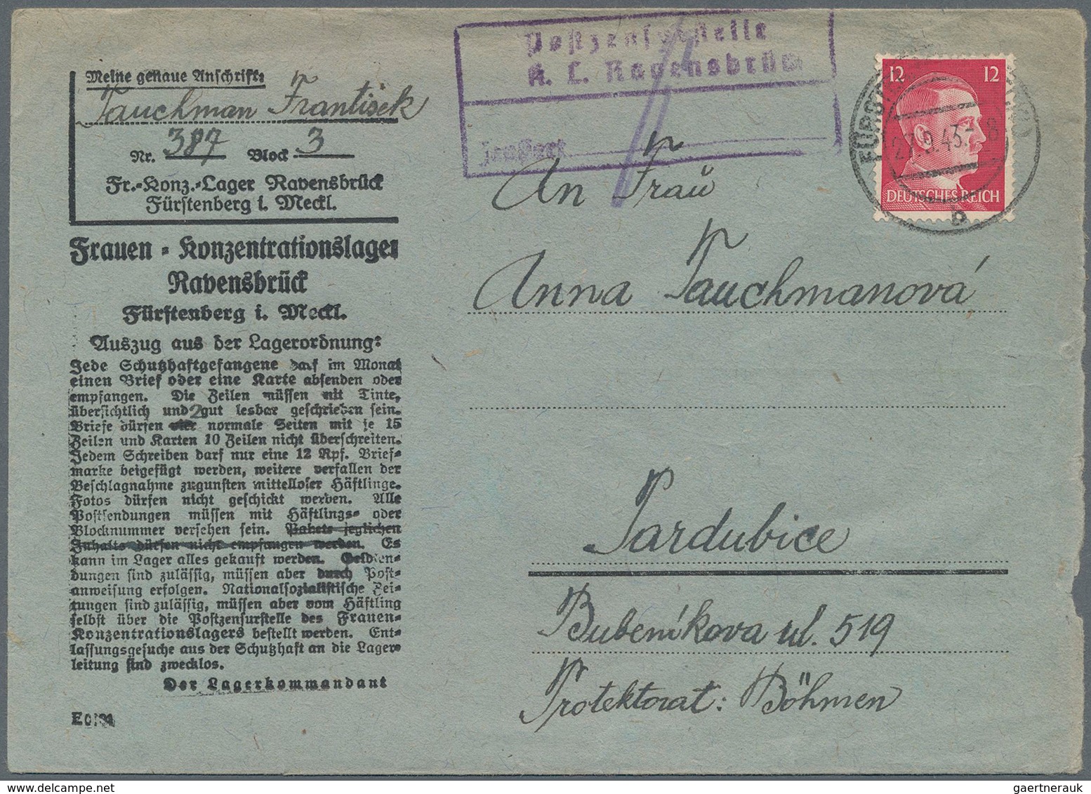 KZ-Post: 1943 27.9.), Vordruckbrief (blaues Papier Mit Schwarzem Eindruck - Lajournade EI 10a) Eines - Covers & Documents