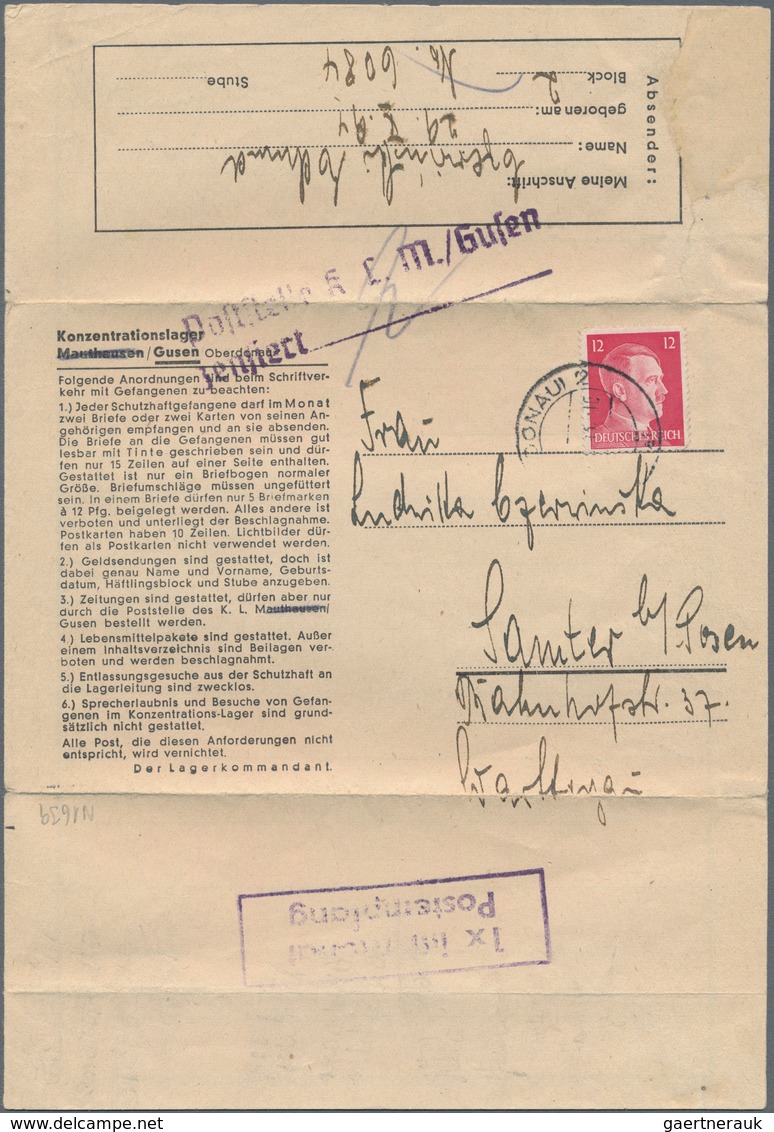 KZ-Post: 1943, Vordruck-Faltbrief Aus Dem Konzentrationslager GUSEN Mit Zensur-L2 Und Ra2 " 1x Im Mo - Briefe U. Dokumente